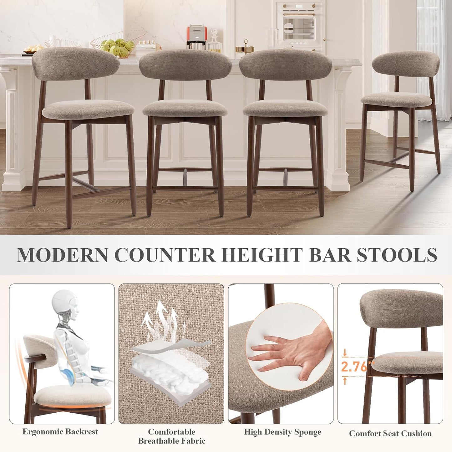 COLAMY Bar Stools Set of 2, Counter Height BarStools with Back, Mid Century Modern Upholstered, with Wood Legs for Kitchen Island Dining Room, Camel