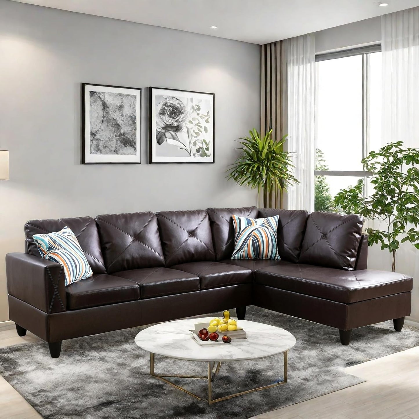 Modular Leather Sectional Couch, L Shaped Couch with Storage, Convertible Sofa with Ottomans, Modern Sectional Sofa for Living Room and Office, 5 Seat, Brown