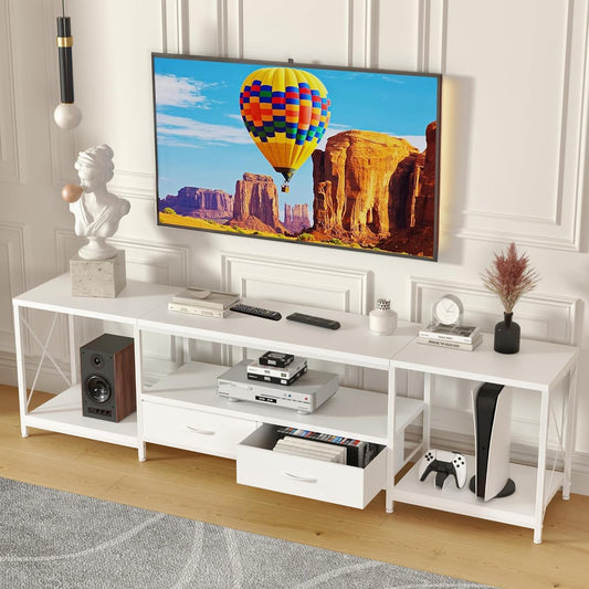 TV Stand with Fabric Drawer for 65 70 75 Inches TV - Entertainment Center and Industrial TV Console Table with Open Storage Shelves for Living Room, Bedroom - 63" White