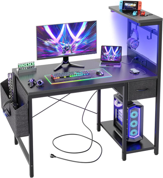 TIQLAB Gaming Desk 40 inch with Power Outlet and LED Light, Computer Desk with Reversible Shelves and Storage Drawer, Small PC Desk for Home Office Table with Bag, Carbon Fiber Black