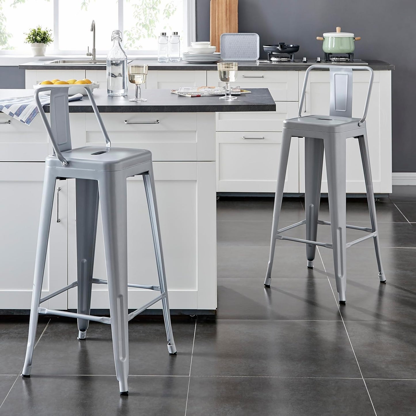 AC Pacific 30” Metal Barstool Set of 2 – Country Rustic Style with Low Back, Lightweight & Sturdy Build, Easy Assembly – Matte Silver