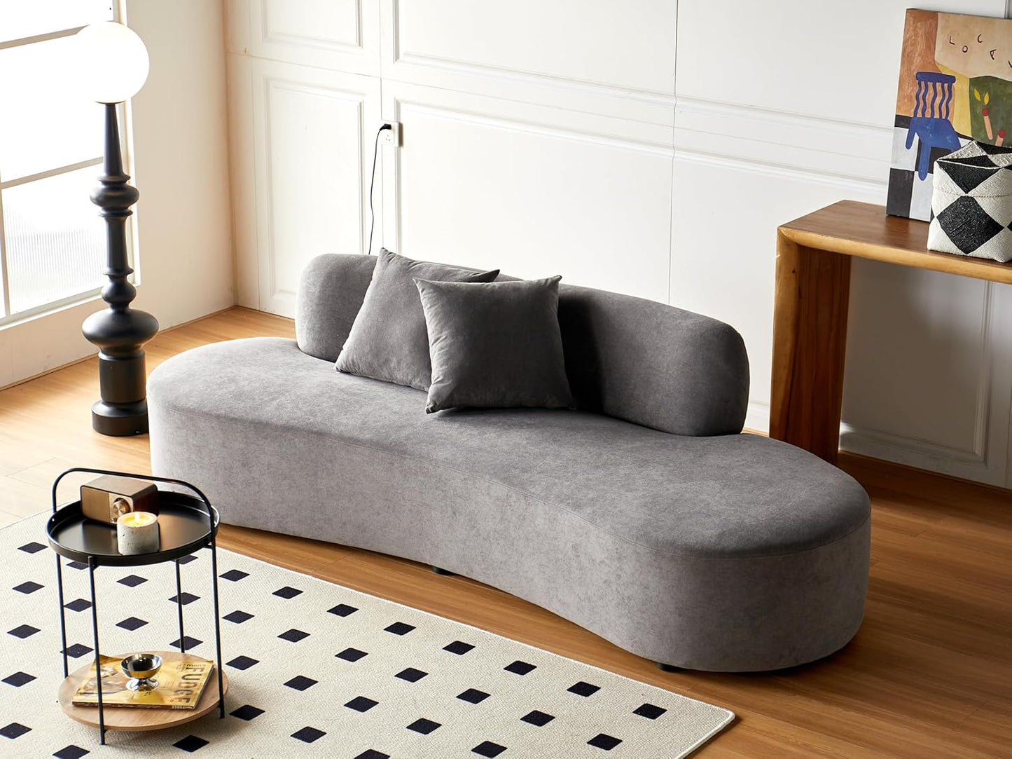 Container Furniture Direct 90" Curved Sofa with Throw Pillows, 4 Seater Luxury Velvet Couch with Half Moon Design and High-Density Foam, Ideal for Modern Living Room, Office & Apartment, Grey