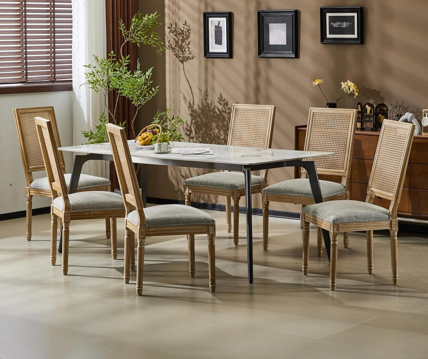 Merax Upholstered Solid Wood Dining Chairs Set of 6, French Country Style Accent Side Seating Furniture for Kitchen, Living Room, Wicker Back, Grayish Green