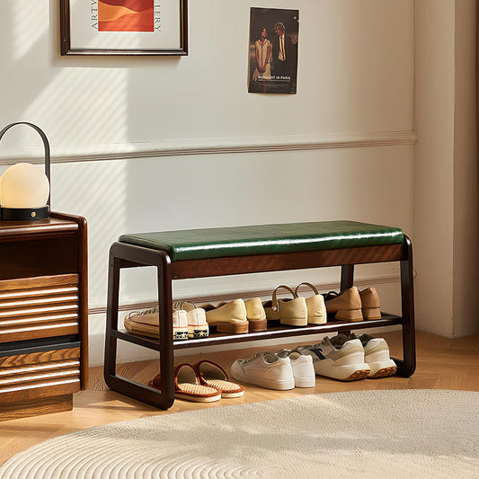 Shoe Bench, Entryway Bench with Leather Cushion, Solid Wood Shoe Rack, Mid Century Modern Bench, Shoe Storage, Shoe Organizer for Entryway (Green, 31.5" W)
