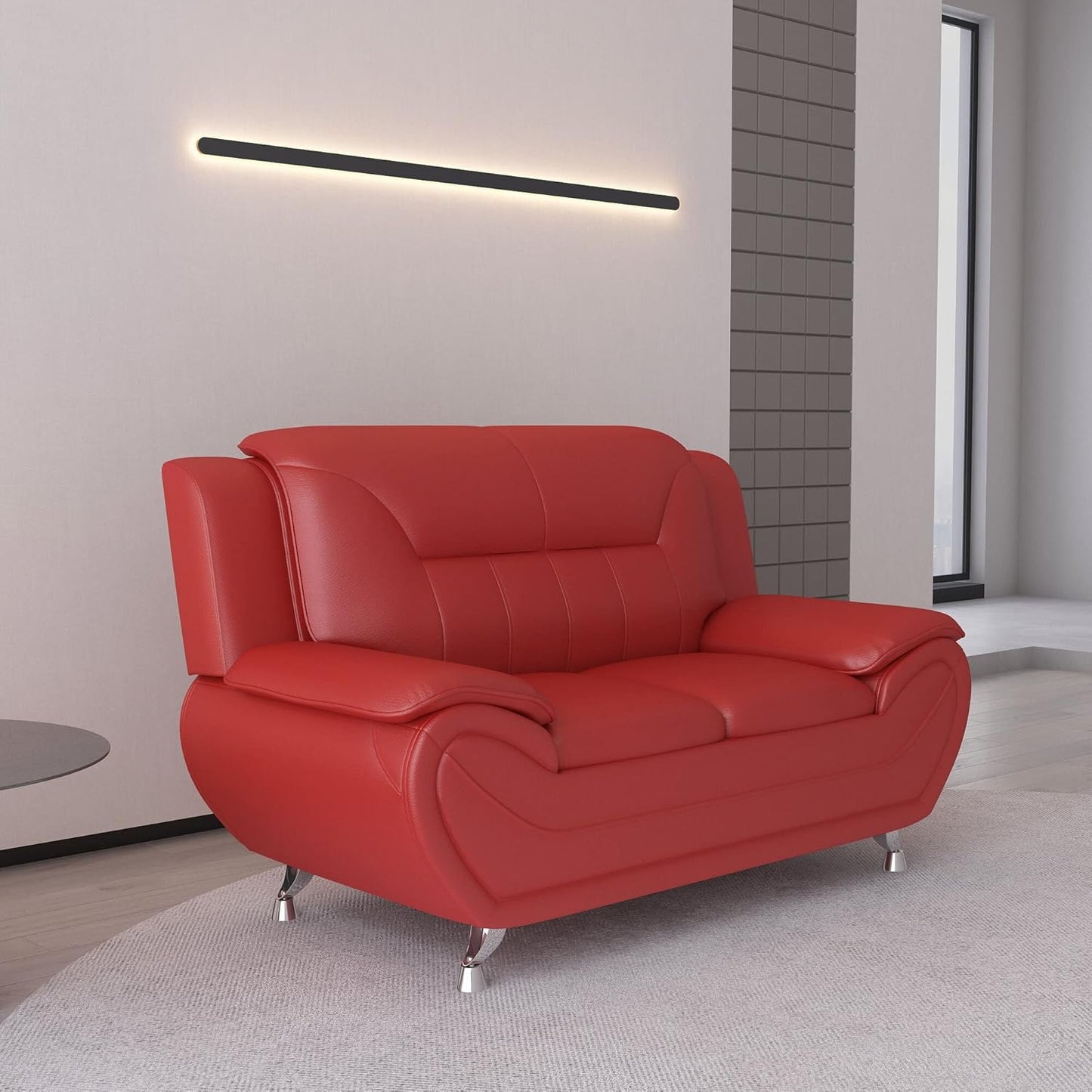 Container Furniture Direct Michael Modern Faux Leather Upholstered Stainless Steel Legs Living Room Loveseat, Red