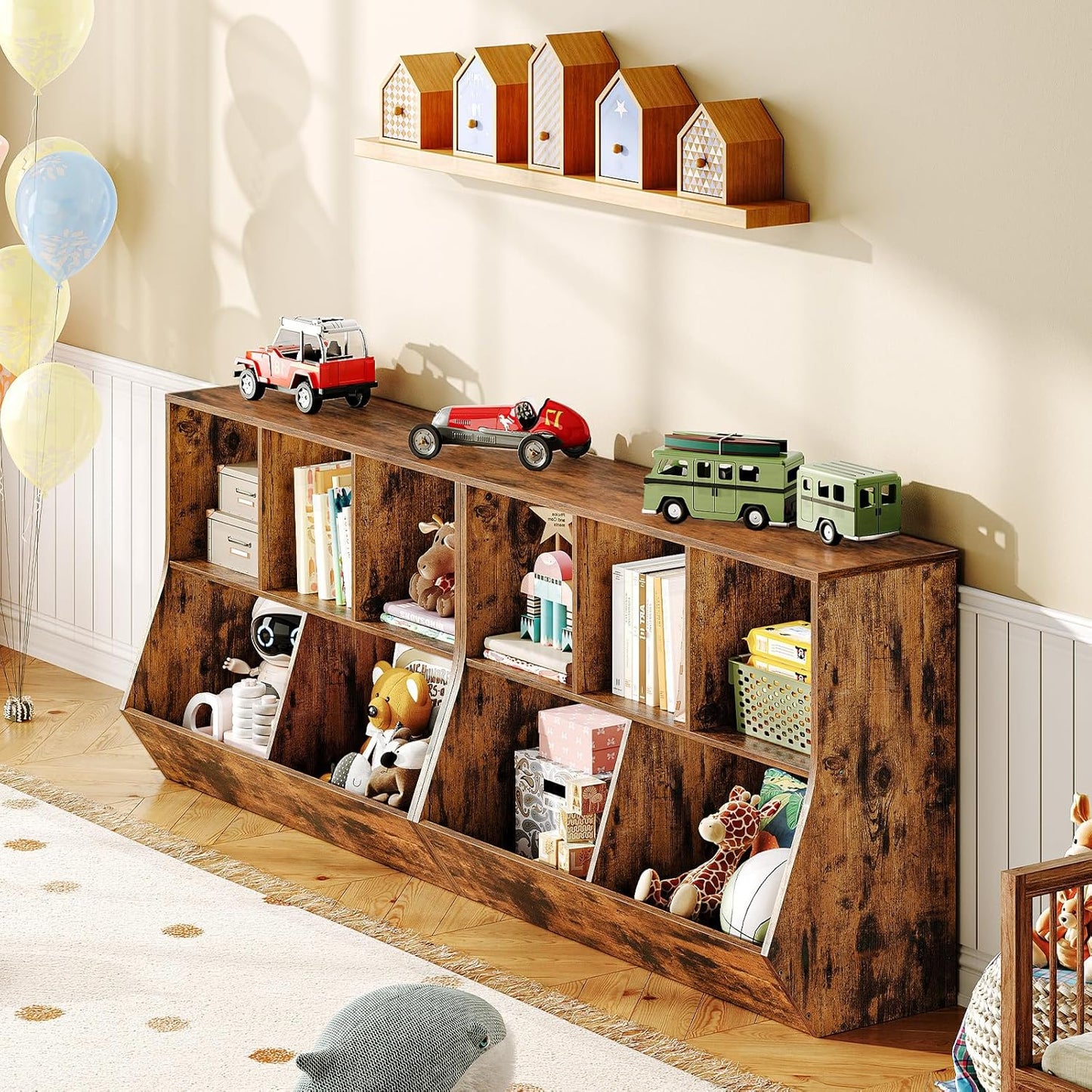 HOOBRO Kids Bookshelf, Bookcase Footboard, Toy Storage Cubby, Children's Toy Shelf, 39.4" L Toy Storage Cabinet, Fit for Children's Room, Playroom, Hallway, Kindergarten, Rustic Brown BF132CW01