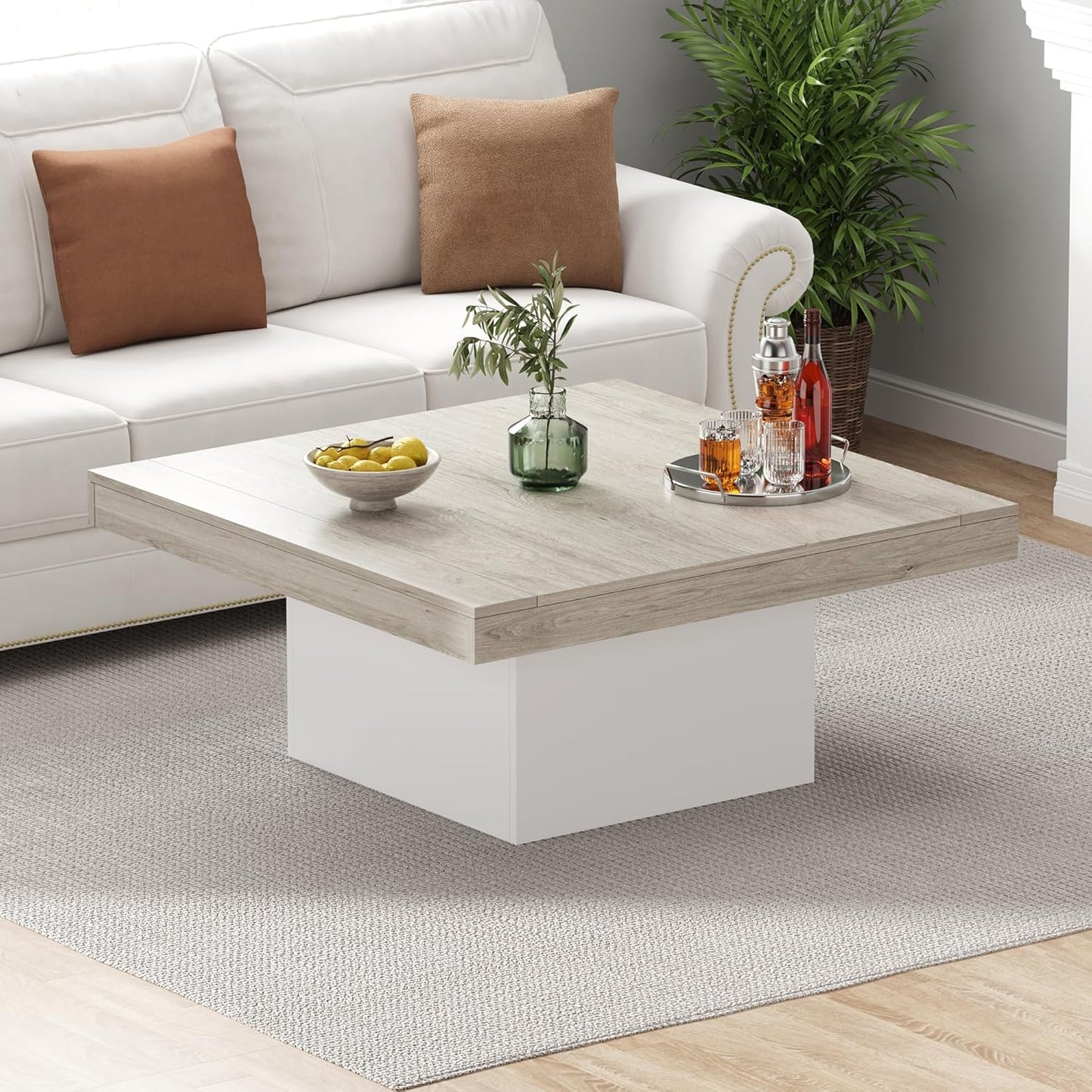 GarveeHome Square Coffee Table with Led Lights, 35 inch Living Room Tables, Modern Coffee Tables with Plug-in 16-Color LED Lights, Cocktail Table for Home Office, Apartment, Reading Room