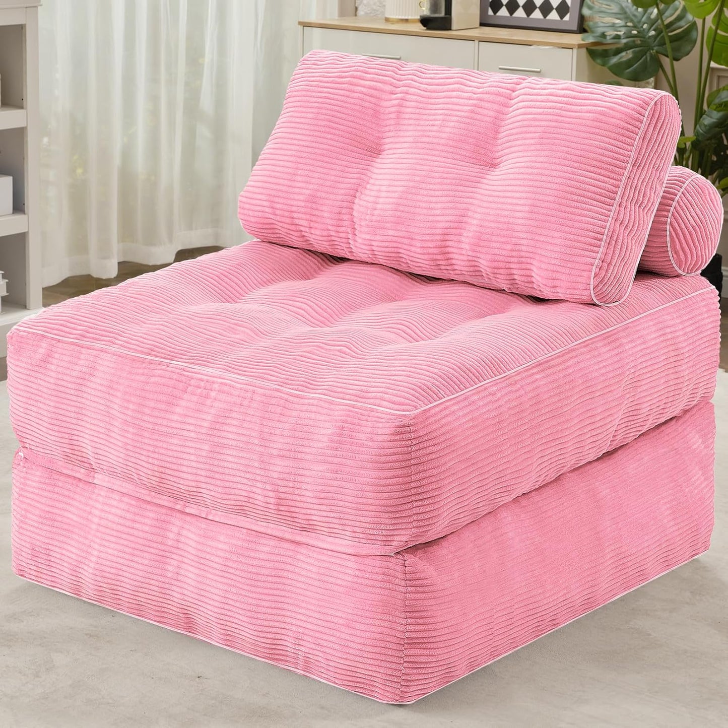 HABUTWAY Folding Sofa Bed, Convertible Sleeper Chair Bed w/Dual-Pillow & Handle, Foldable Floor Sofa Lounge w/Back Support for Living Room, Bedroom, Apartment, Office, Pink