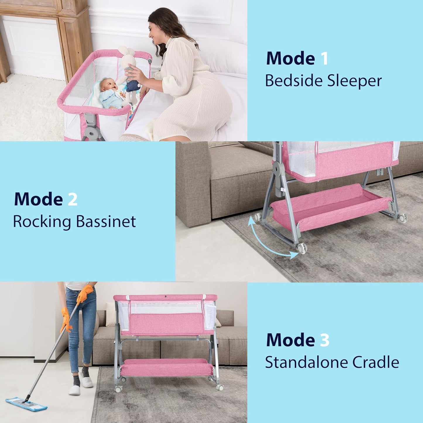 Baby Bassinet Bedside Sleeper, 3 in 1 Rocking Bassinet for Baby, Arms Reach Co Sleeper Bassinet with Wheels, Adjustable Height, Storage, Mattress & Canopy (Pink)