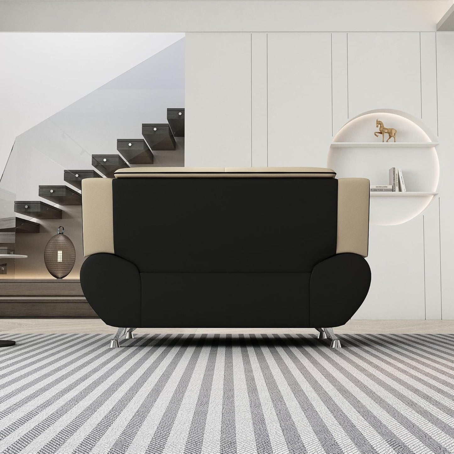 Container Furniture Direct Michael Modern Faux Leather Upholstered Stainless Steel Legs Living Room Sofa, Loveseat, Black Camel