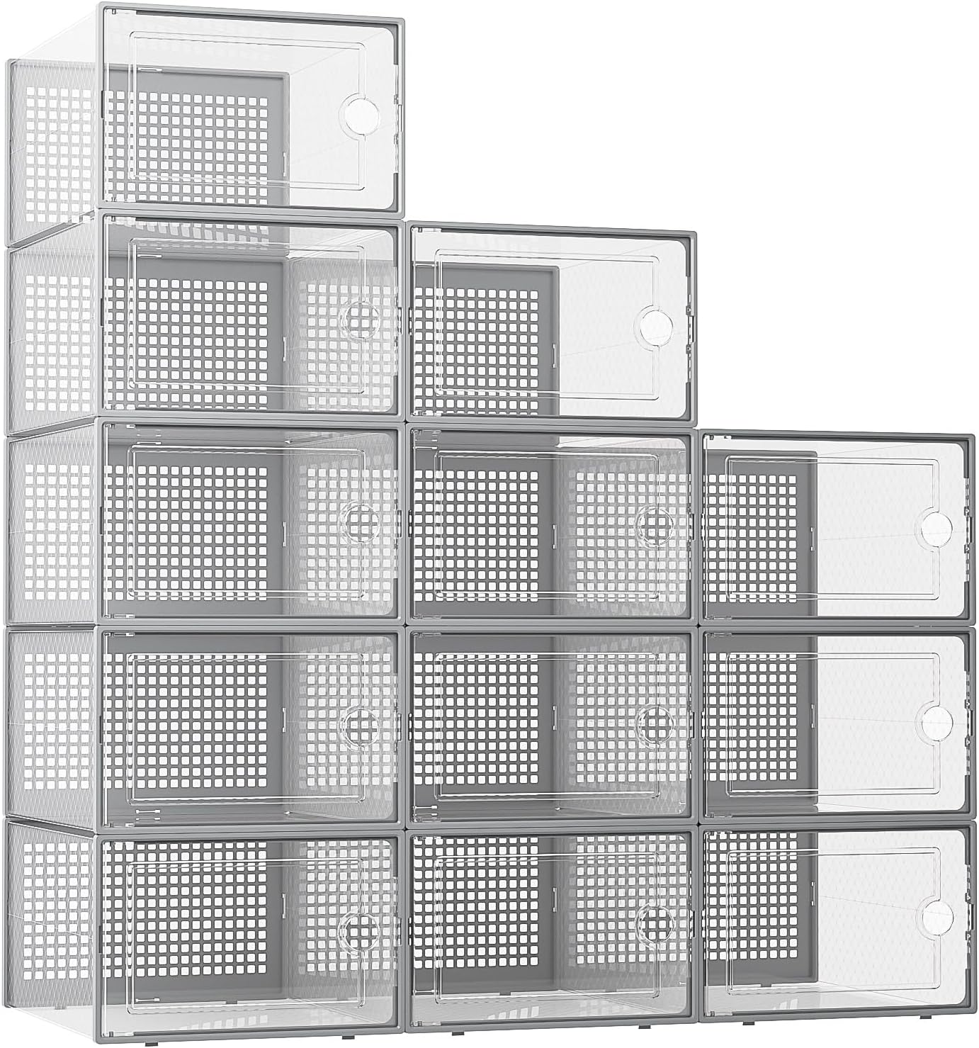 Kuject XX-Large Shoe Storage Boxes Organizers Clear Plastic Stackable 12 Pack, Shoe Rack & Holder Substitute, Sneaker Containers, Toy Storage Organizer Bins for Entryway, Closet, Under Bed, Grey