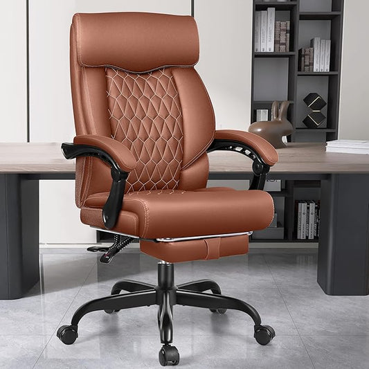 Office Chair, Big and Tall Office Desk Chair, Reclining Office Chair with Footrest Home Office Desk Chairs, High Back Ergonomic with Lumbar Support, Executive Leather