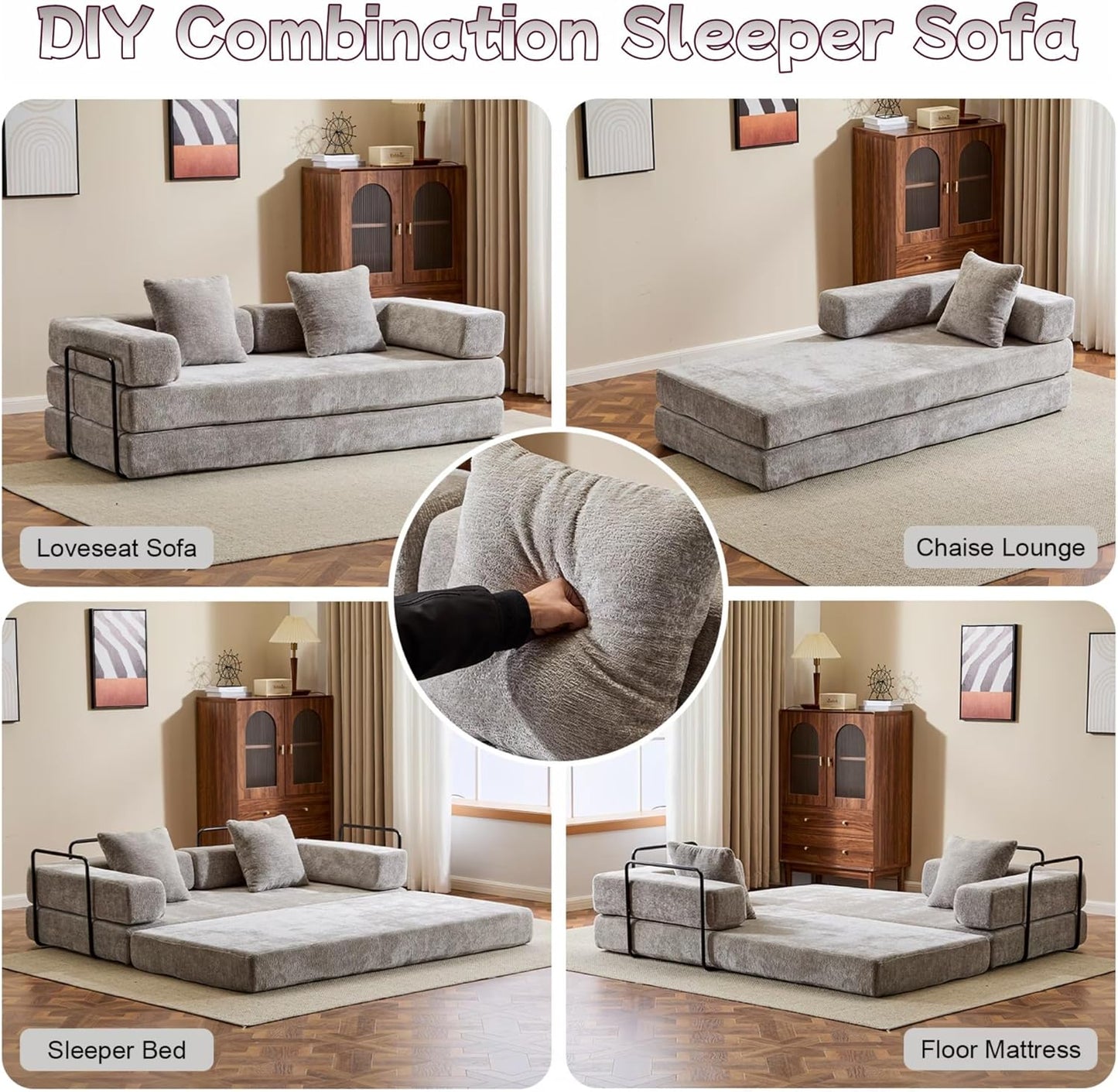 Convertible Sofa Bed, Compression Futon Sofa with Pillows & Armrest, Foldable Mattress Couch with Fixed-Shape Frame, Comfy Couch Lounge Sleeper Bed for Living Room Bedroom, Light Gray