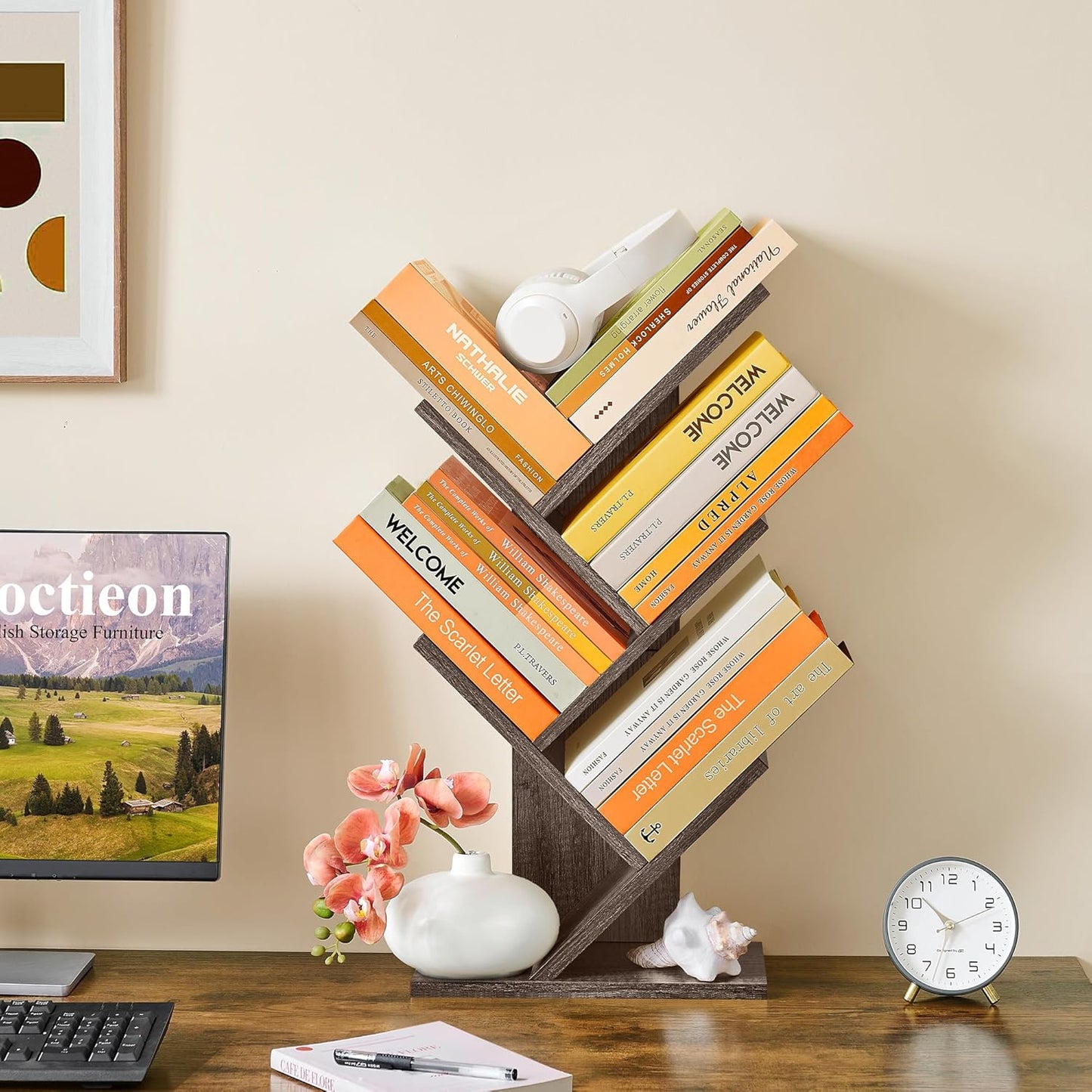 Hoctieon 4 Tier Tree Bookshelf, 4 Shelf Bookcase, Free Standing Tree Bookcase, Display Floor Standing Shelf for Books, Book Organizer Shelves for Home Office, Living Room, Bedroom, Grey