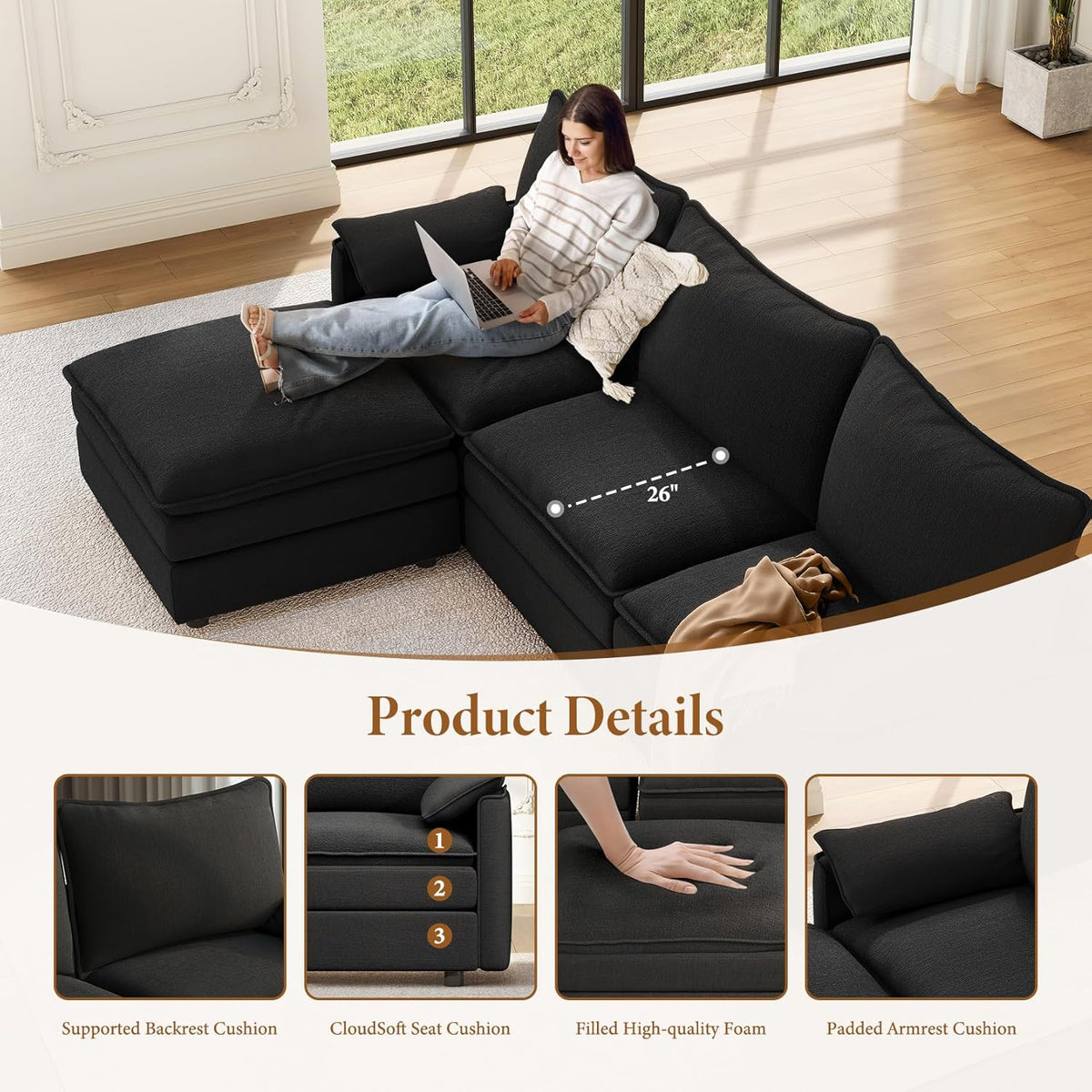 Vesgantti Large Modular Sectional Sofa, Big Comfy Cloud Couch with Ottoman Deep Seat Chenille Cloud Sofa, 8 Seater Large Sectional Couches for Living Room, Bedroom and Apartment, Black