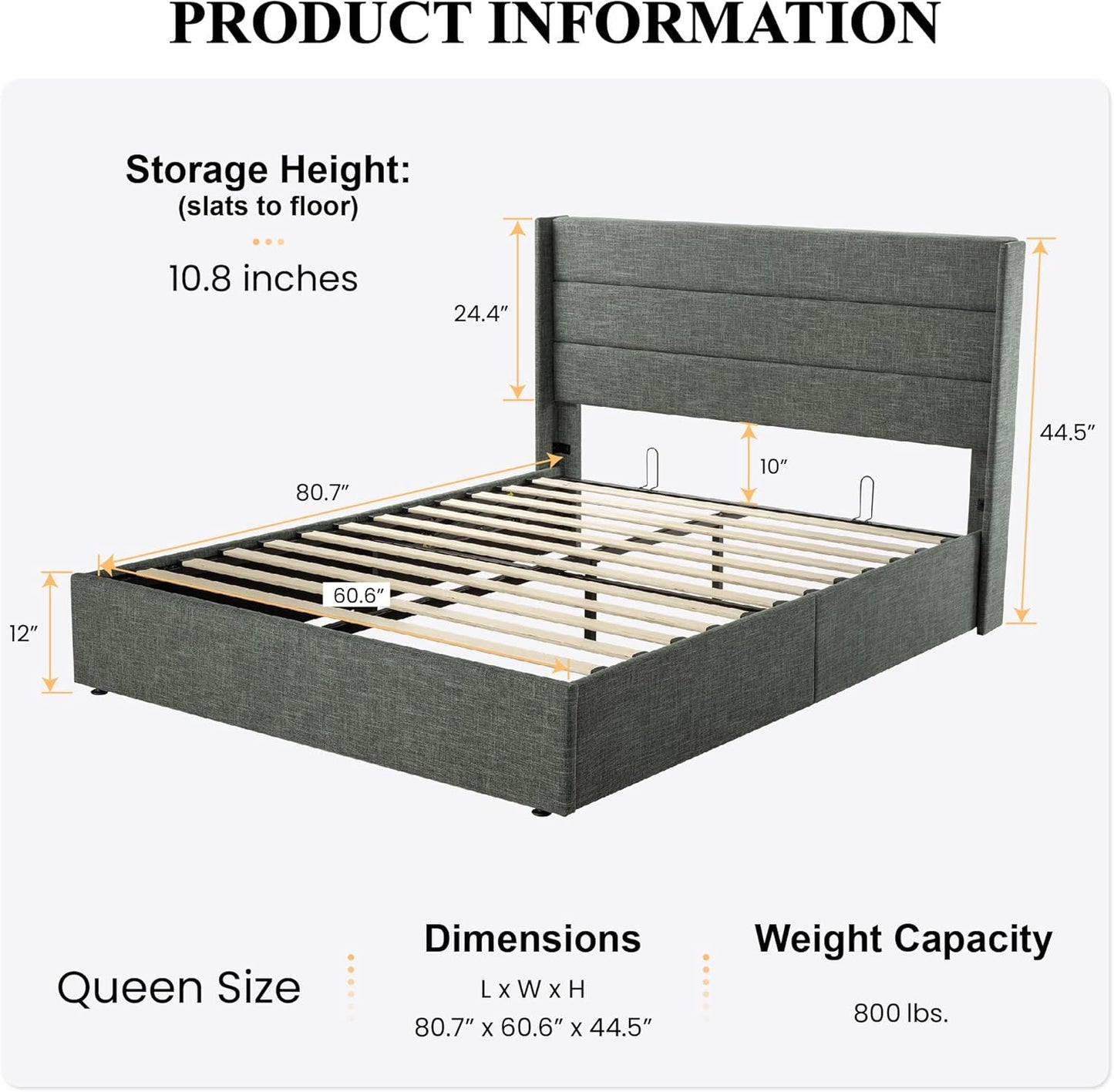 SHA CERLIN Queen Size Lift Up Storage Bed/Modern Wingback Headboard/Upholstered Platform Bed Frame/Hydraulic Storage/No Box Spring Needed/Wood Slats Support/Dark Grey