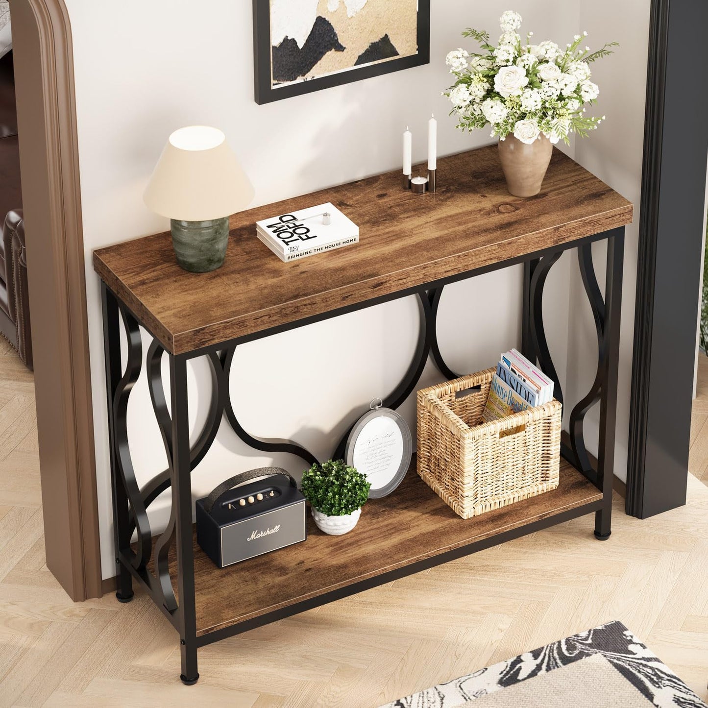 IBF 39.4" Narrow Console Table, Farmhouse Entryway Table in Living Room Hallway Foyer Entrance, Industrial Wood Metal Sofa Table Entry way Behind Couch Tables with 2-Tier Storage Shelves, Rustic Brown