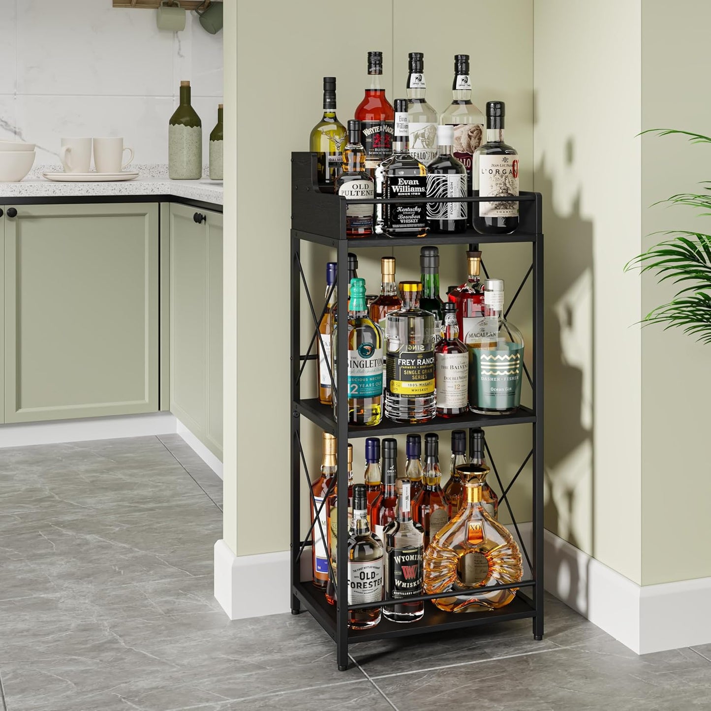 KLM Liquor Bottle Display Shelf, Liquor Cabinet bar for Home, 4 Step Liquor cabinetck, Mini bar,Liquor Cabinet, Home Retro Bar Shelf Stand for Liquor Whiskey, Spirits（Black）
