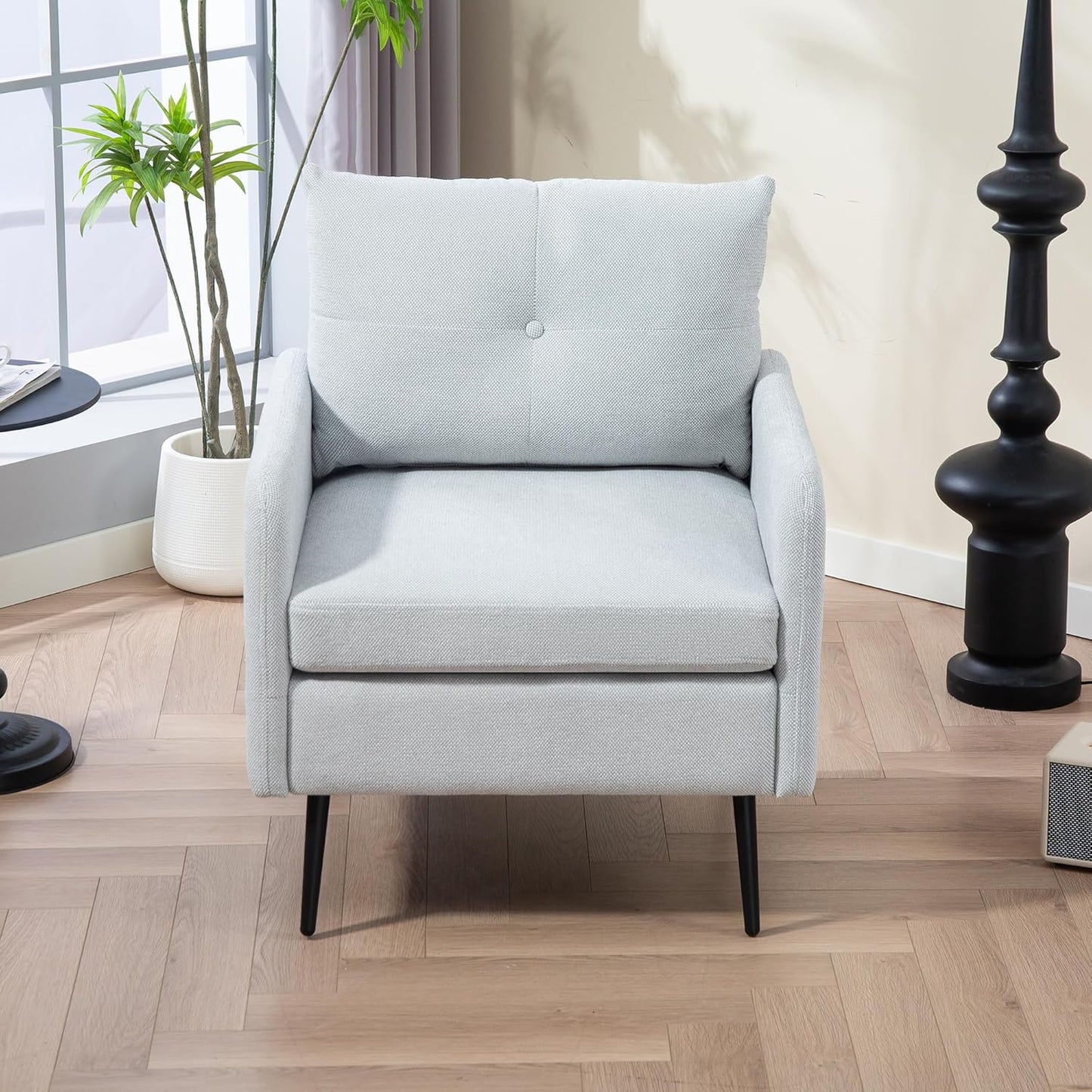 Ball & Cast Accent Chair with Metal Black Legs,Comfy Chenille Club Fabric Armchair,Single Sofa Chair for Living Room Bedroom,Dining Accent for Bedroom,Office,Sage