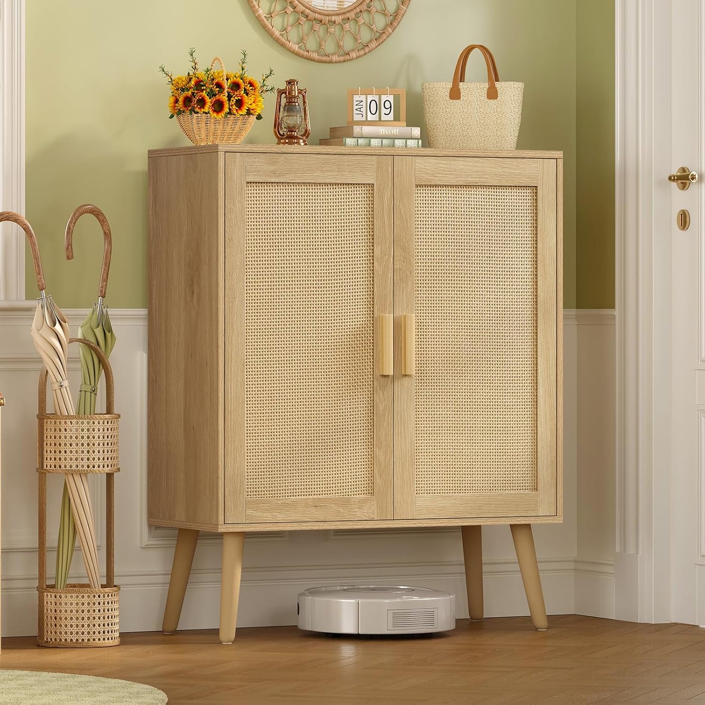 Iwell Storage Cabinet with 2 Shelves, Rattan Cabinet with 2 Doors, Sideboard Buffet Cabinets with Storage for Living Room, Dining Room, Entryway, Natural