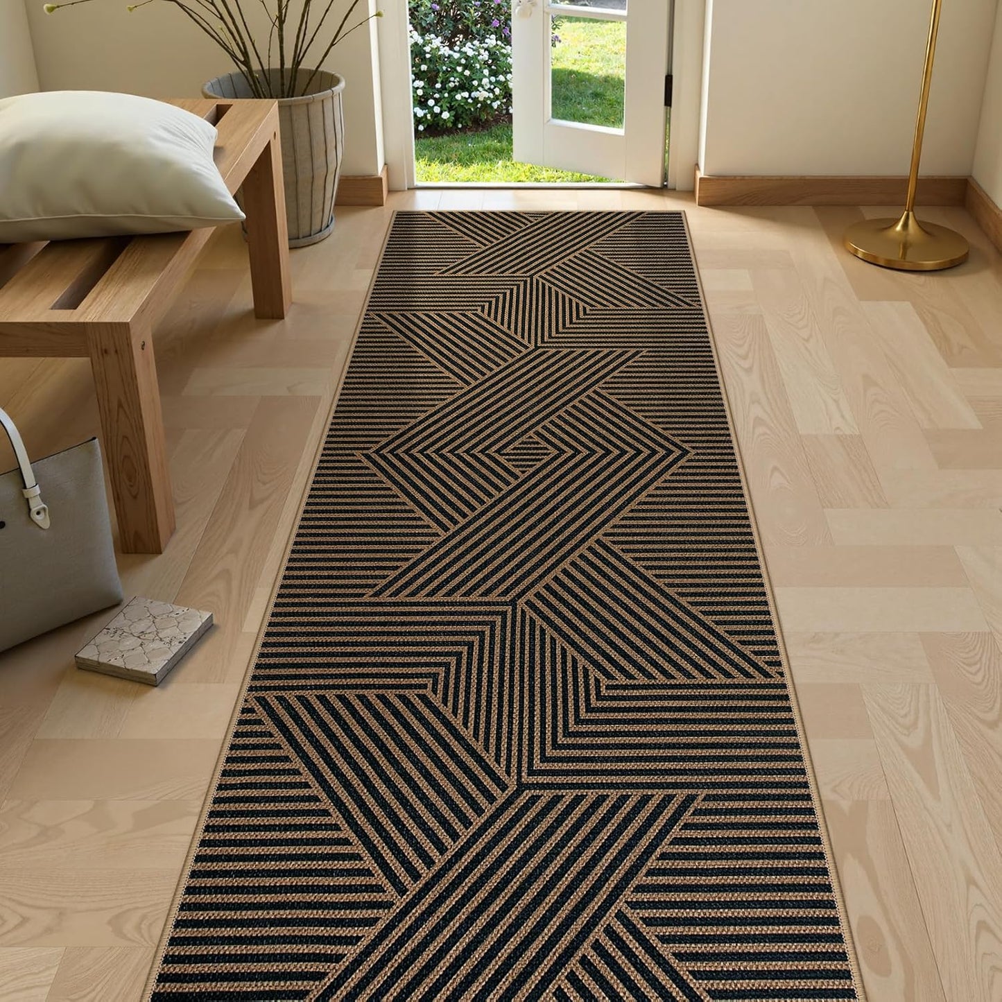 Lahome Modern Geometric Runner Rug, 2x8 Washable Rug Runners for Hallways Non Slip, Black Outdoor Carpet with Rubber Backing, Farmhouse Non Shedding Kitchen Mats for Floor Entryway