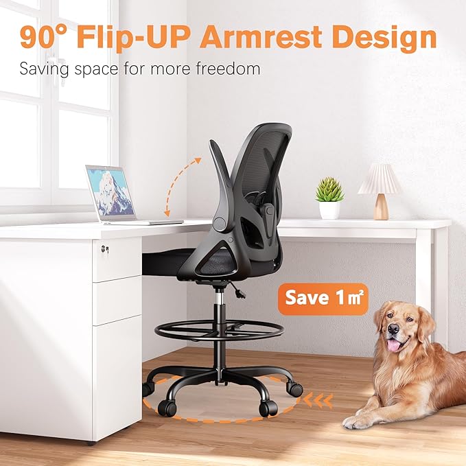 Tall Drafting Chair with Lumbar Support and Footrest Ring, Supportive Tall Extended Height Ergonomic Desk Chair for Home Work, Breathable Mesh Office Chair with Flip up Arms(Black)