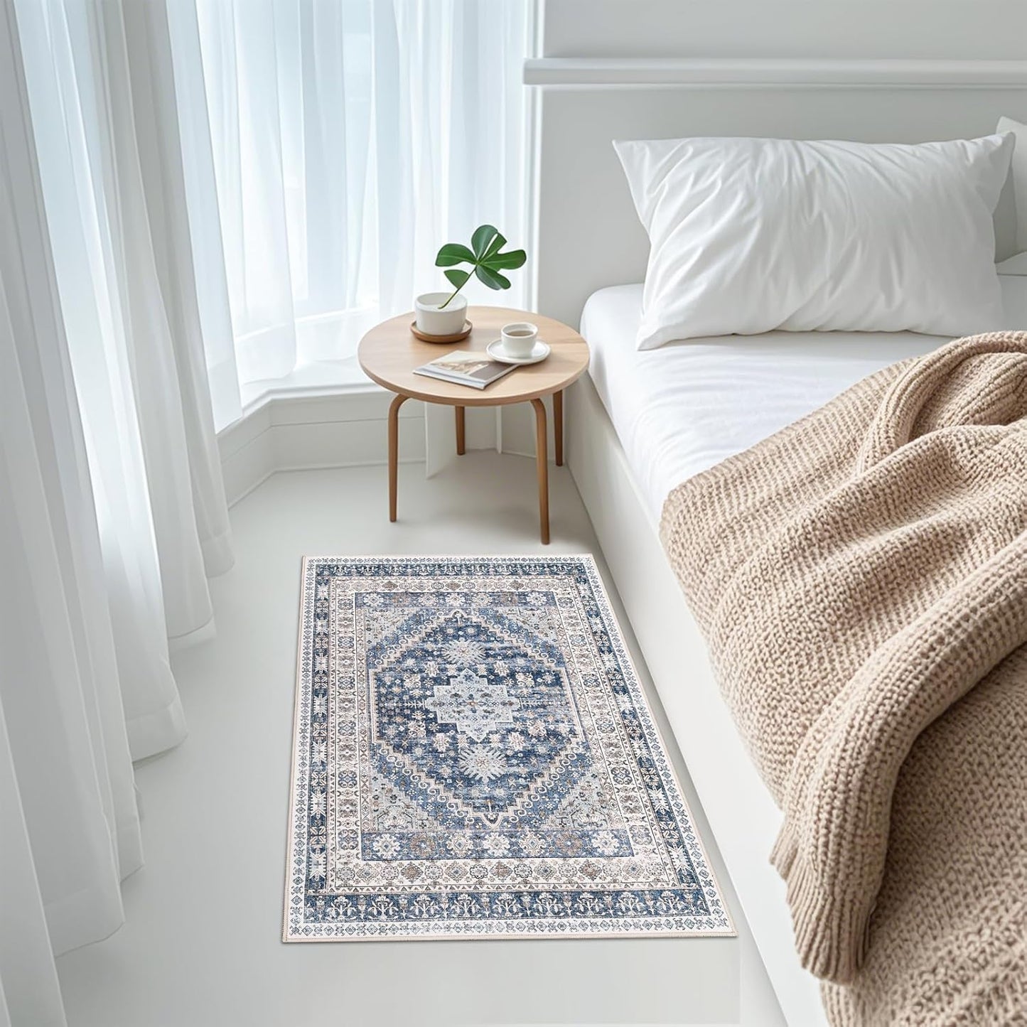 zesthome 2x3 Entryway Rug, Soft Washable Rugs, Non Slip Area Rug, Stain Resistant Low Pile Rugs for Bedroom, Vintage Rug for Door Mat, Kitchen (Blue/Beige,2'x3')