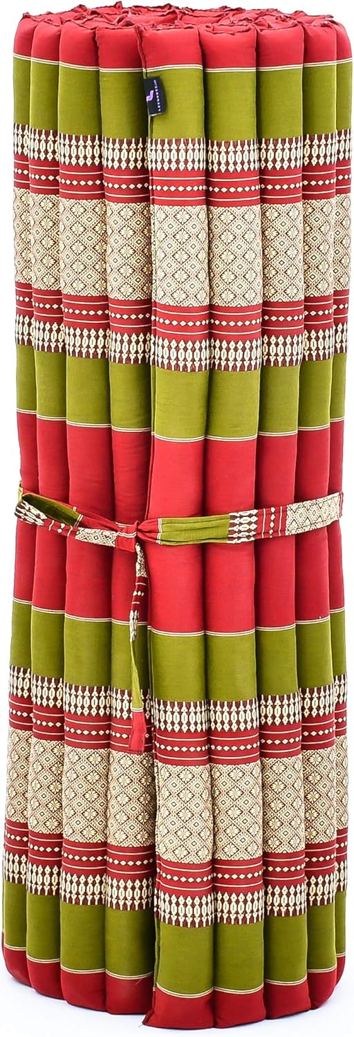 Leewadee - Kapok Roll Mat – Handcrafted Folding Sleep & Relaxation Mattress from Thailand, Ideal as Guest Bed, Camping Mat, Yoga Mat or Traditional Futon, 75 x 39 inches, Green Red