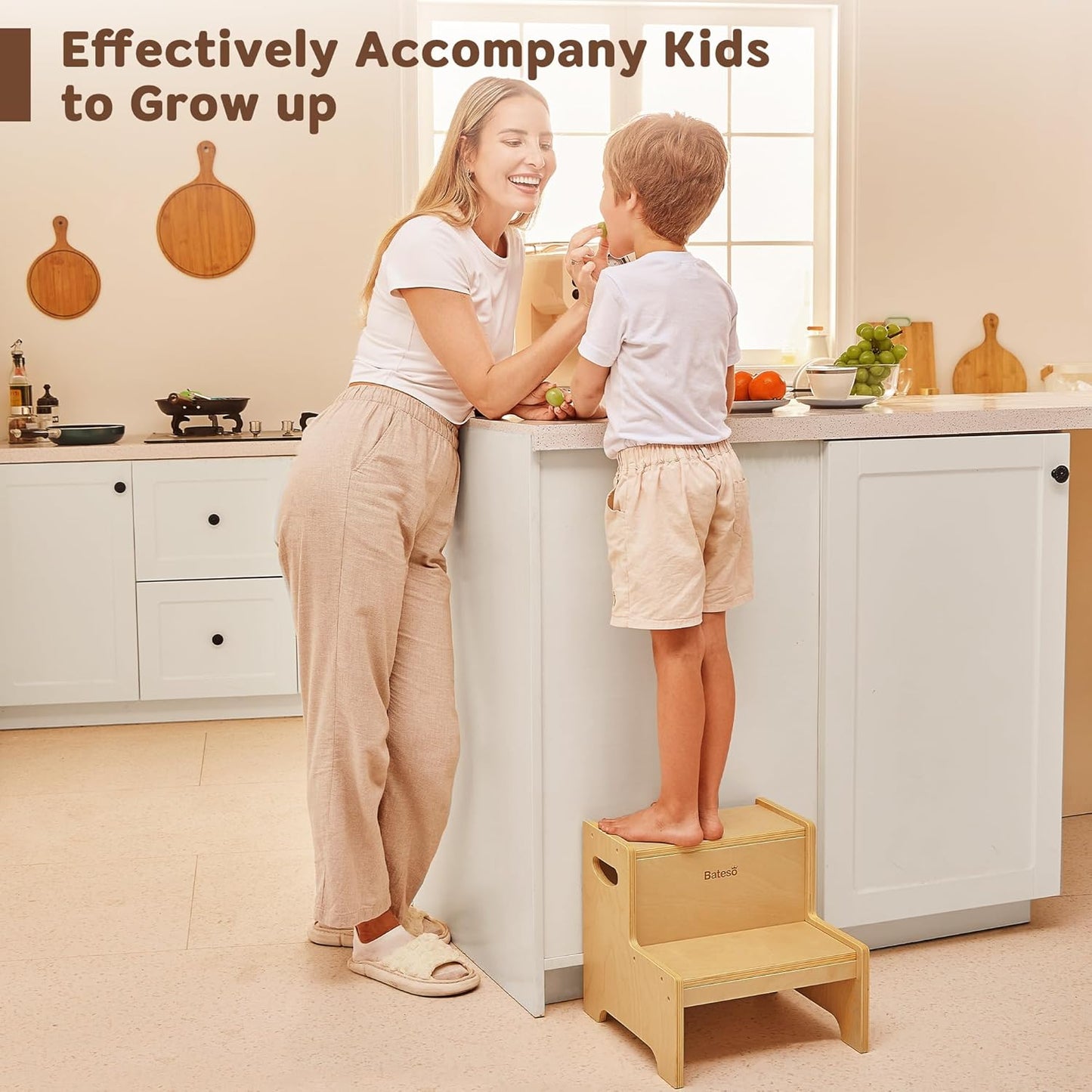 Step Stool for Kids, Wooden Toddler Step Stool with Non-Slip Mats for Bathroom Sink and Kitchen, Potty Training Stool with Handles for Toilet