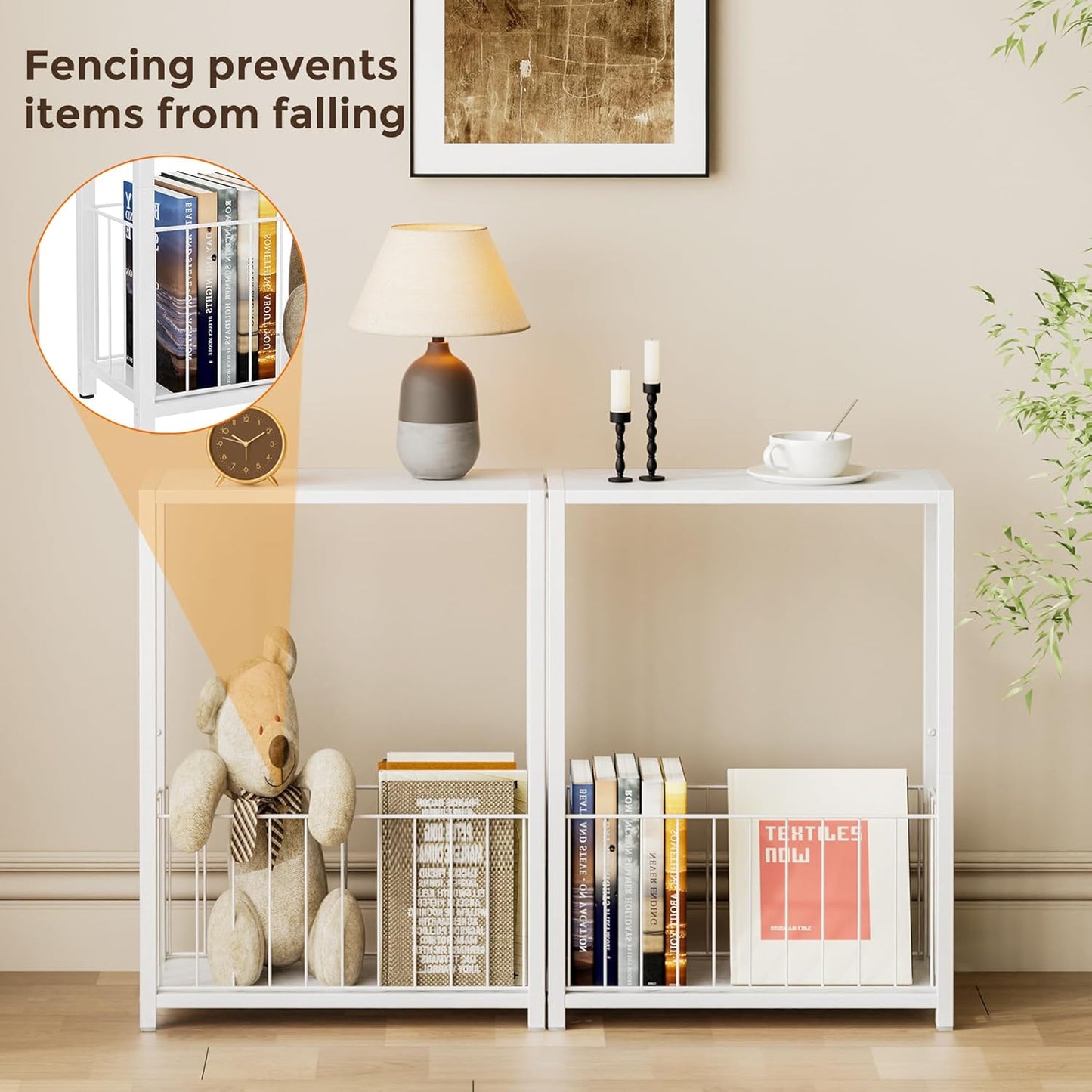 Narrow Side Table with Magazine Holder, Skinny End Table Perfect for Small Spaces, Space-Saving Design for Living Room, Bedroom, or Office, 7.1" D x 16.9" W x 23.6" H, White