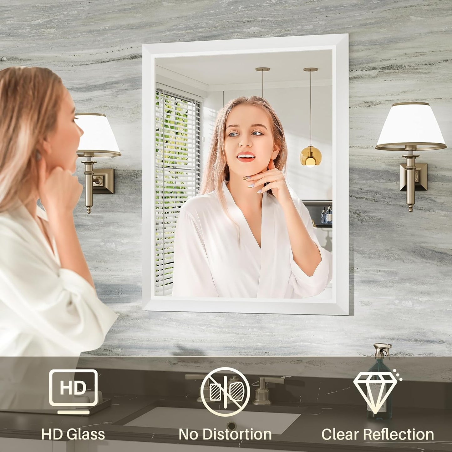 24x32 Inch White Bathroom Mirror for Wall, Thick Metal Framed Rectangle Mirrors for Over Sink, Bedroom, Living Room, Entryway, Anti-Rust, HD Tempered Glass