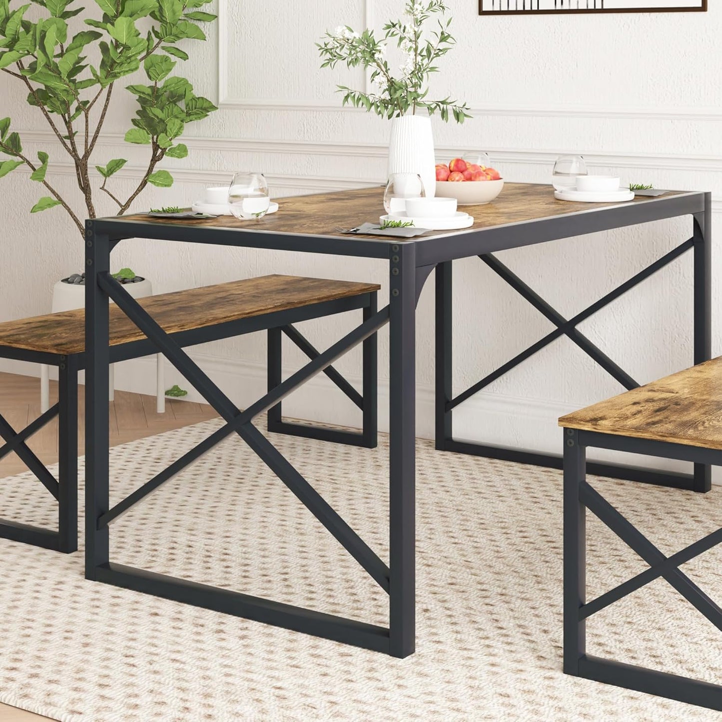 VECELO Kitchen Dining Table Set for 4 to 6, 55" Wood Dinette 2 Benches with Metal Frame for Dinner Breakfast Nook and Small Space, Brown