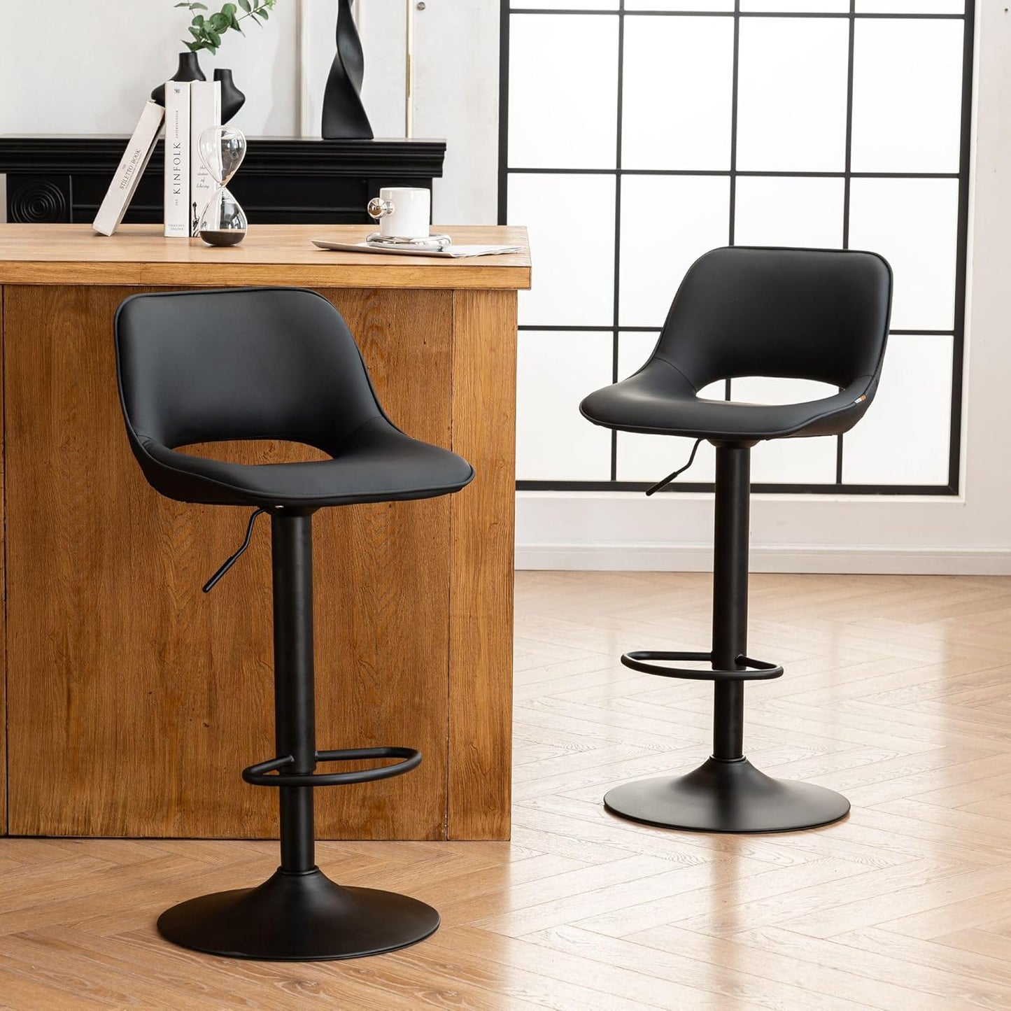 YOUNIKE Black Bar Stools Set of 2 Compact Modern Swivel Barstools, Adjustable Counter Height Bar Stools Faux Leather Upholstered Bar Stool with Hollow Back for Kitchen Island