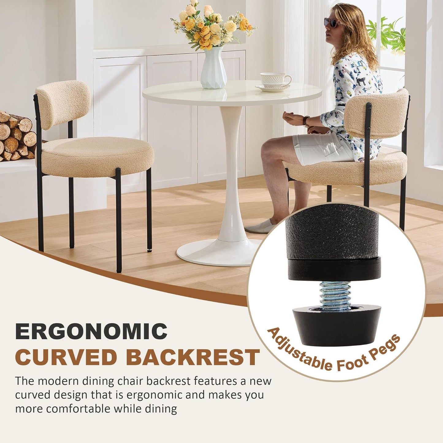 Boucle Dining Chairs, Kitchen Dining Room Chairs Curved Backrest Upholstered Mid Century Modern Dining Chairs (Beige, 2pcs)