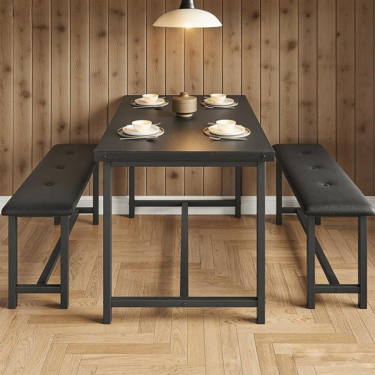 Garvee Dining Table with 2 Benches, Kitchen Table with 2 Upholstered Benches Rectangular Space Saving for Apartment, Dining Room, Kitchen, 44.5 Inches Large, Black