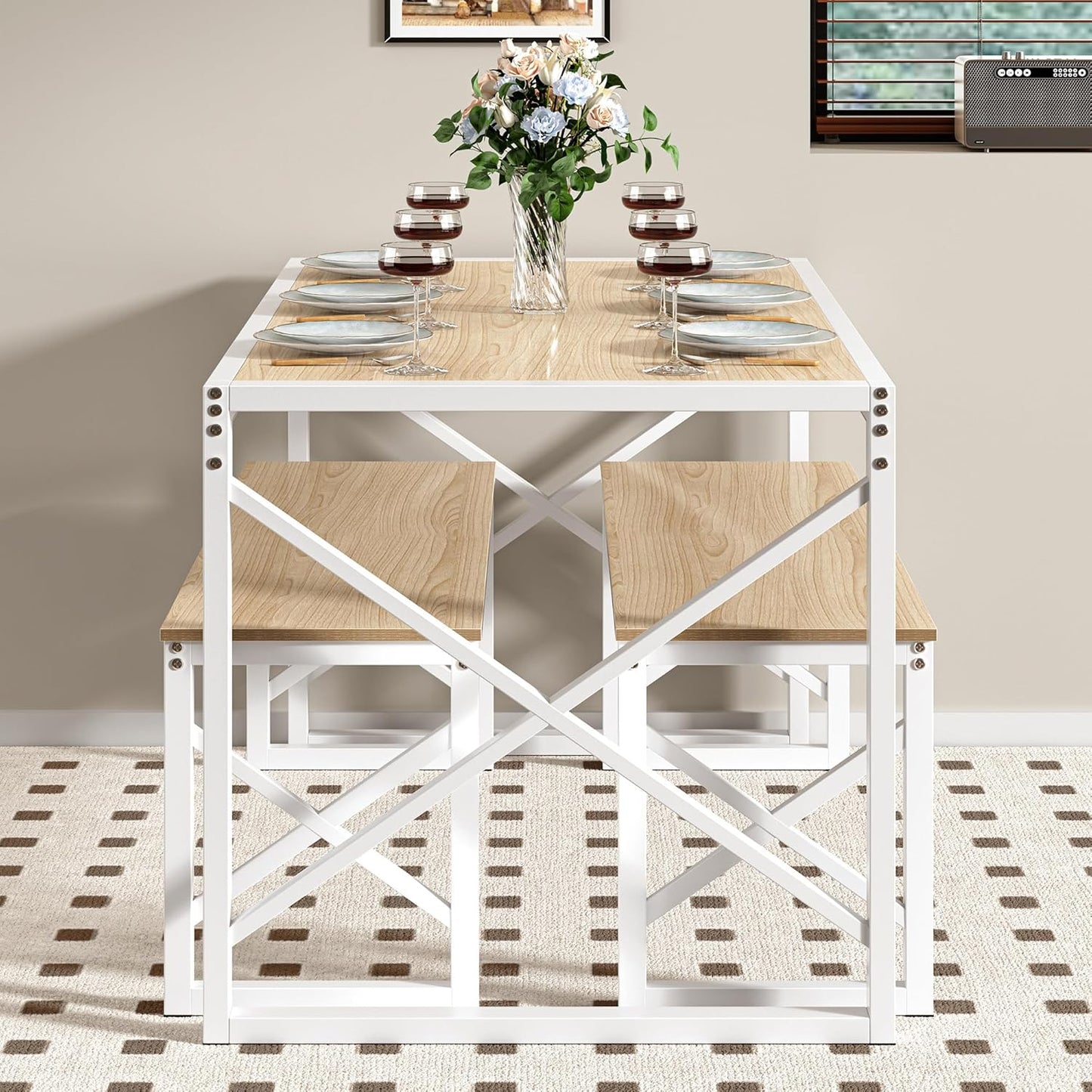 VECELO Kitchen Dining Table Set for 4 to 6, 55" Wood Dinette 2 Benches with Metal Frame for Dinner Breakfast Nook and Small Space, Oak