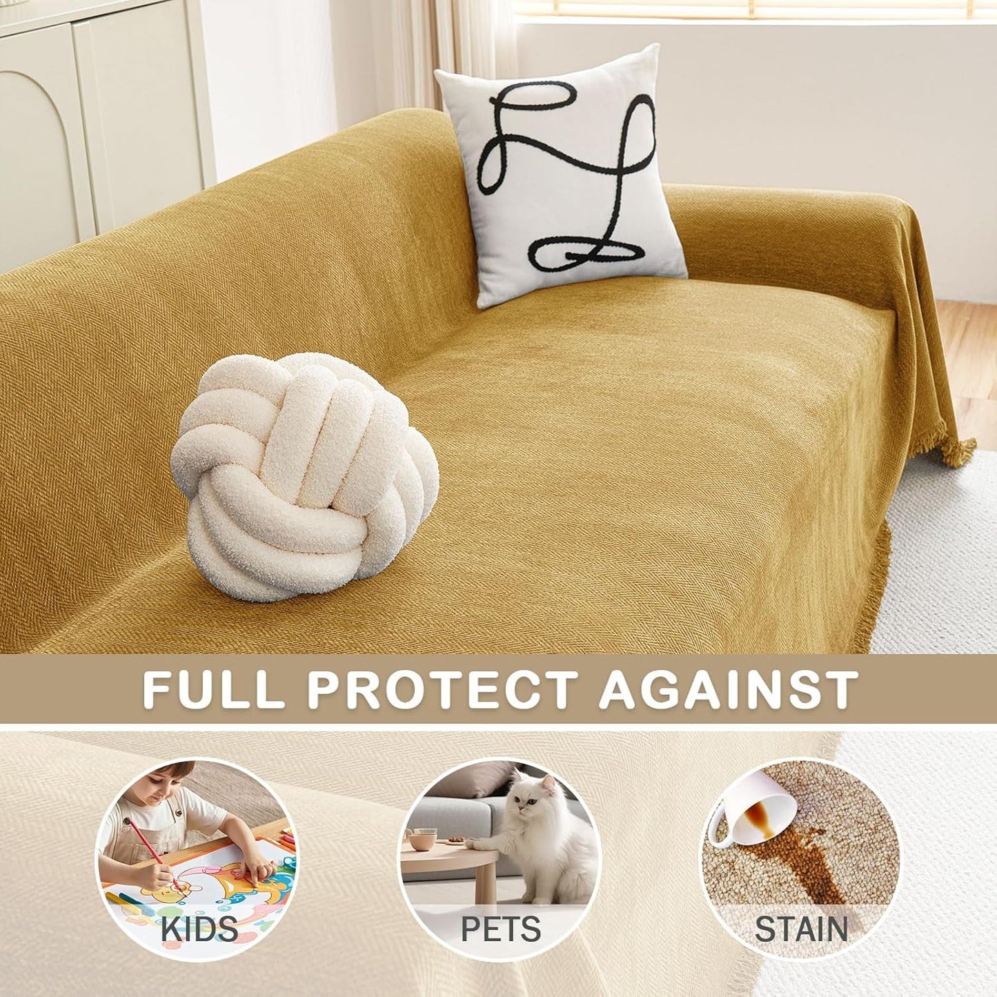 hyha Couch Cover for Dogs, Boho Sofa Covers for 3 Cushion Couch Washable, Chenille Sofa Slipcover for Pets, Soft Loveseat Sectional Couch Throw Blankets with Tassels (Yellow, 88.5x150 Inch)