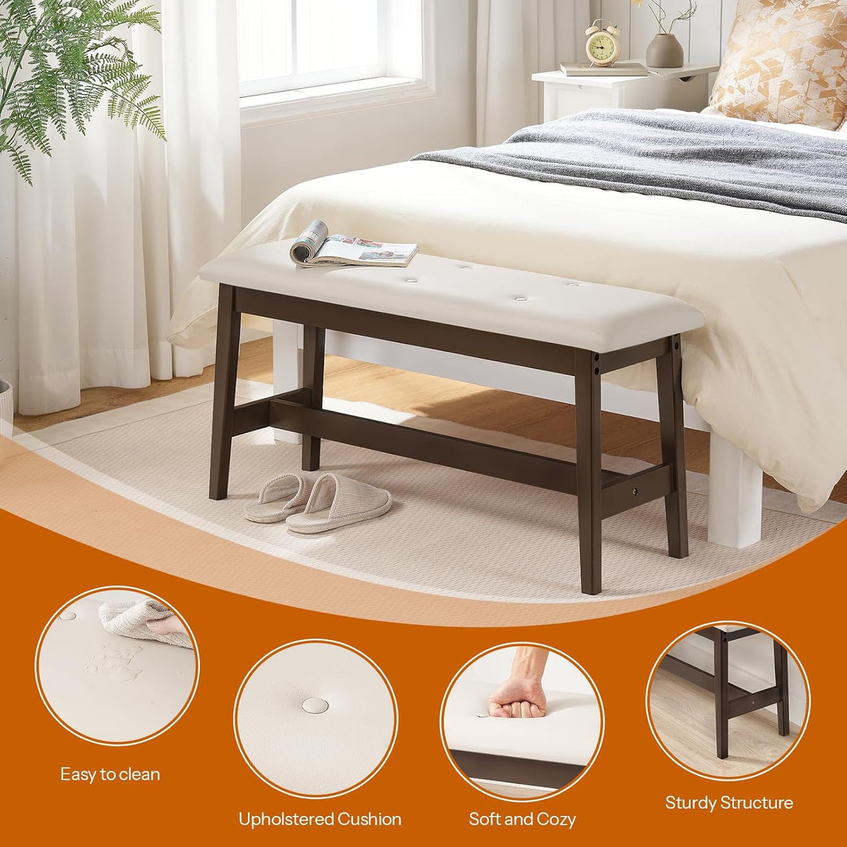 HOOBRO Dining Bench, Bamboo Dining Room Bench with PU Leather Upholstered Seat, for Kitchen, Living Room, Hallway, Kitchen, Entryway, Beige and Brown CE13CD01