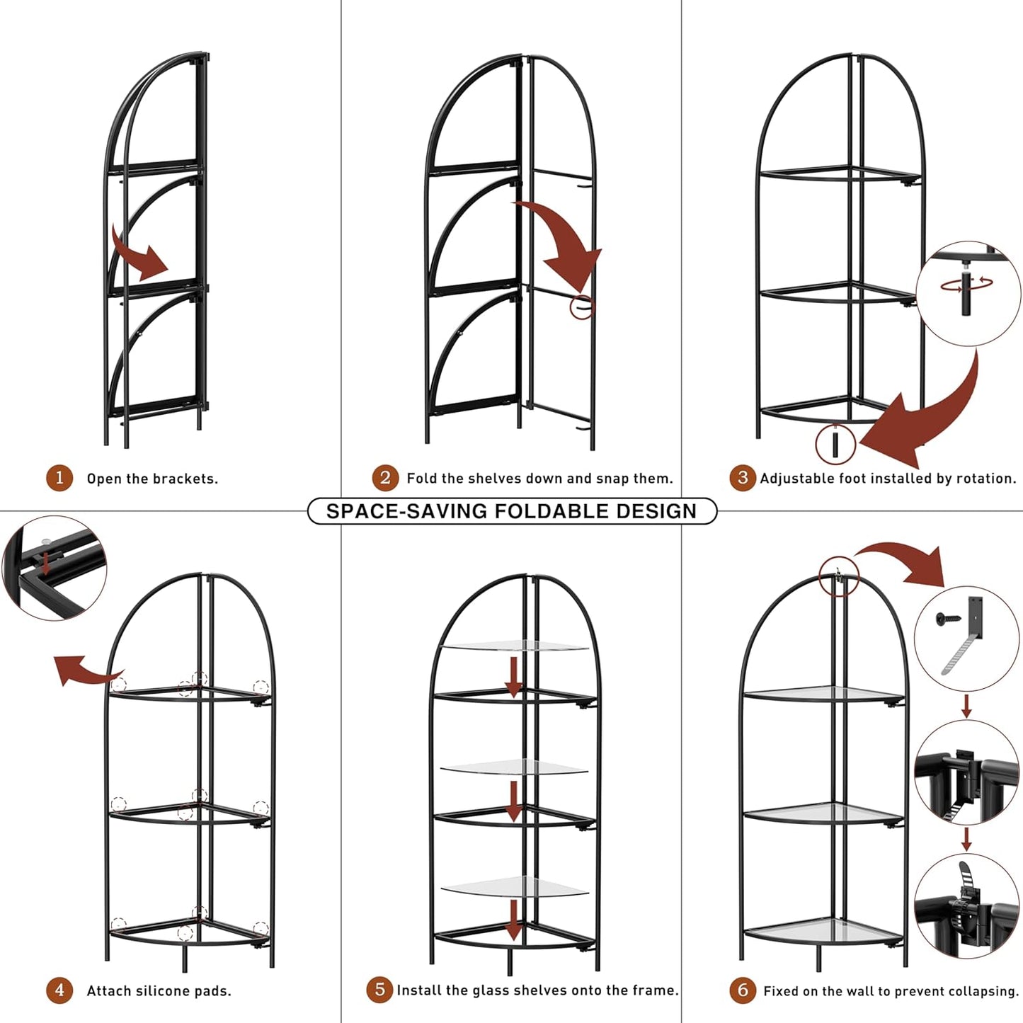 Crofy Foldable 3 Tier Corner Shelf, Metal Corner Plant Stand with Black Frame and Transparent Shelves, Corner Display Rack Multipurpose Shelving Unit for Living Room, Bedroom, Bathroom