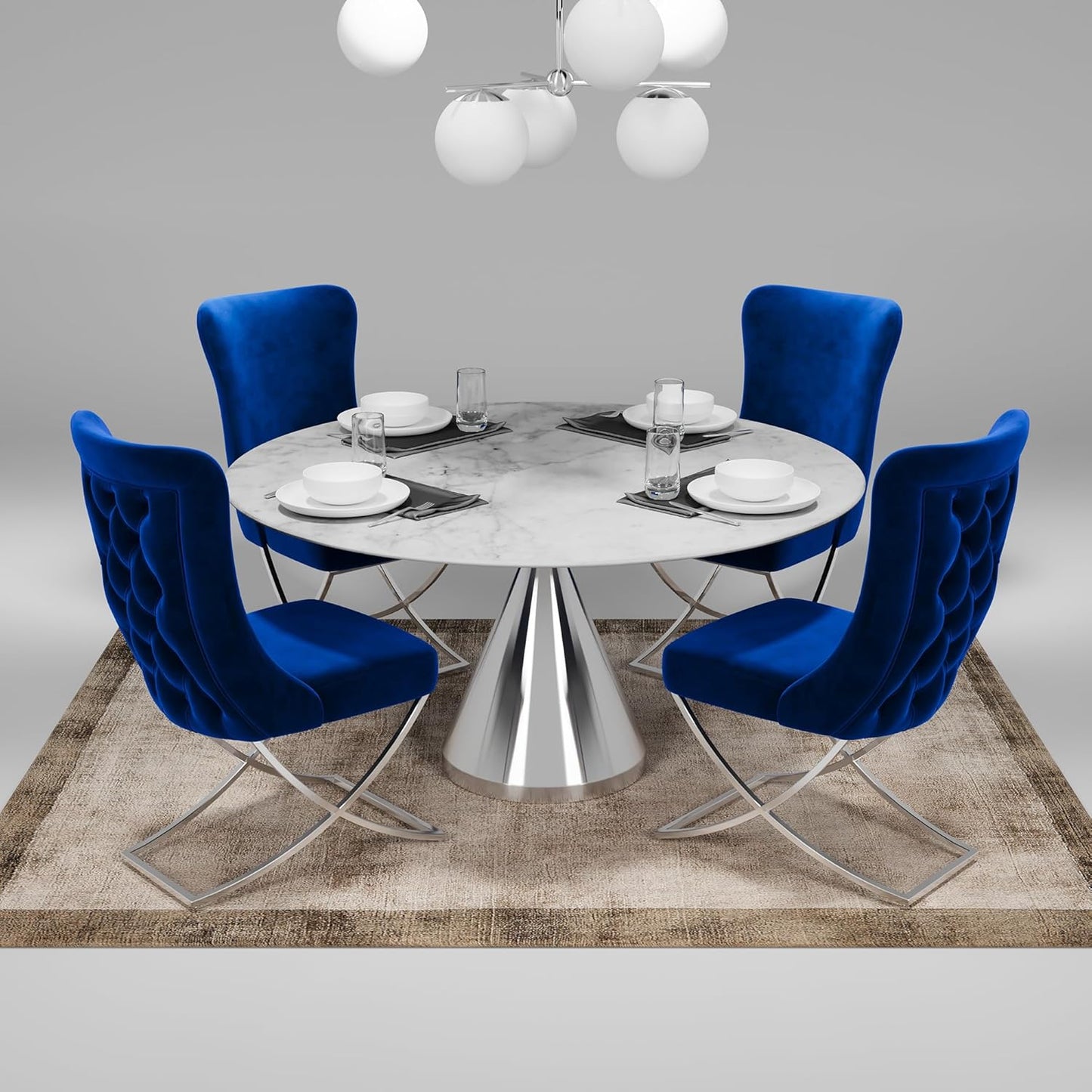 Ottomanson Royal Dining Chairs Set of 6 – Upholstered Tufted Microfiber, Assembled, Silver Metal Legs, Beech Wood Frame, 350 lb Capacity, Blue