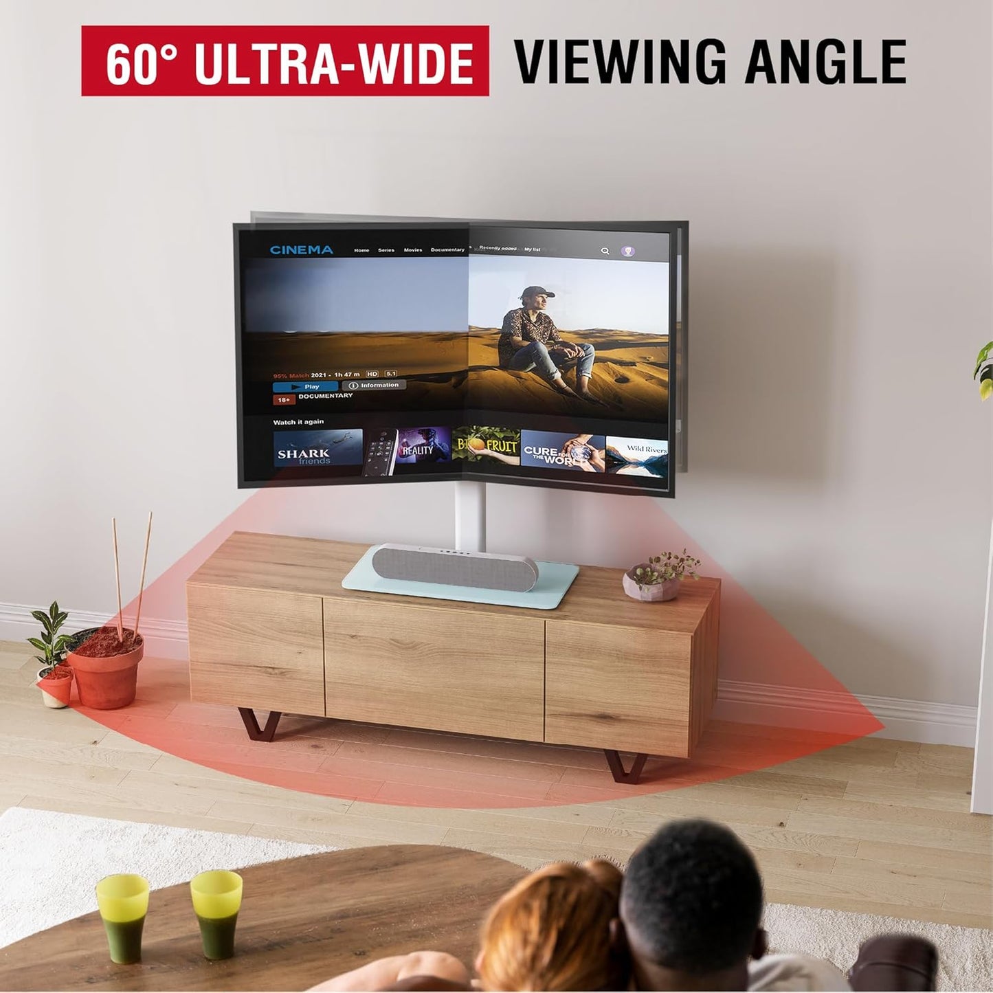 Swivel Universal TV Stand for 32-75 inch TVs with Tilt Down/Up, 8 Levels Height Adjustable Table Top TV Mount Stand with Stable Heavy Duty Tempered Glass Base, MAX VESA 600x400 mm up to 99lbs, White