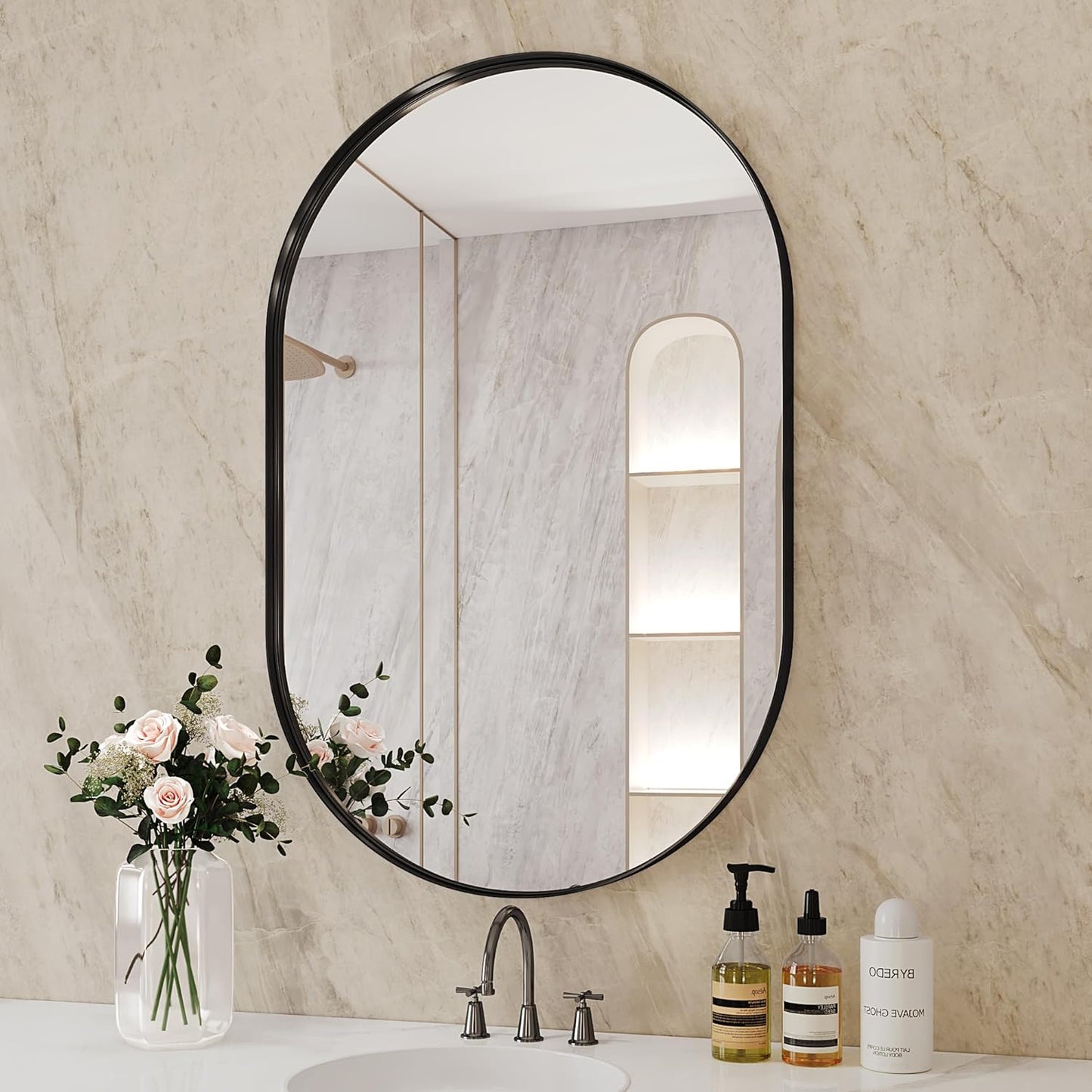 Suidia 26" x 38" Bathroom Mirror, Bathroom Vanity Mirror Metal Framed, Wall-Mounted Mirrors for Bedroom, Living Room, Entryway, Hallway, Black, Oval Style