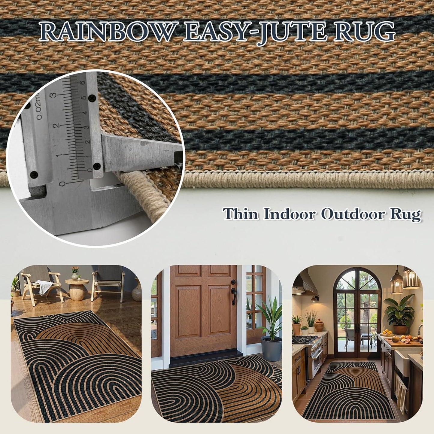 Lahome Modern Rainbow Easy Jute 3x5 Rug, Washable Indoor Outdoor Carpet for Entryway Farmhouse Patio Rug, Non Slip Indoor Door Mat Contemporary Throw Carpet for Porch Guestroom Room Decor