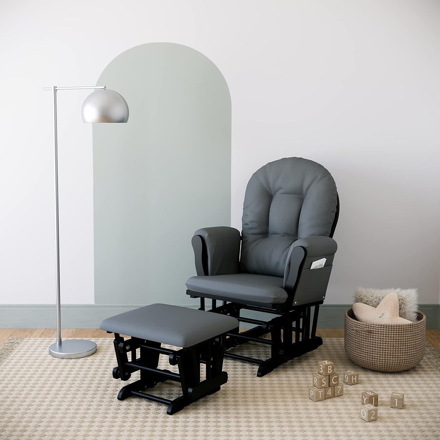 Storkcraft Premium Hoop Glider & Ottoman (Black with Gray) — GREENGUARD Gold Certified, Solid Wood Craftsmanship, Convenient Storage Pockets, Smooth-Gliding Chair for Nursery, Multi-Award-Winning