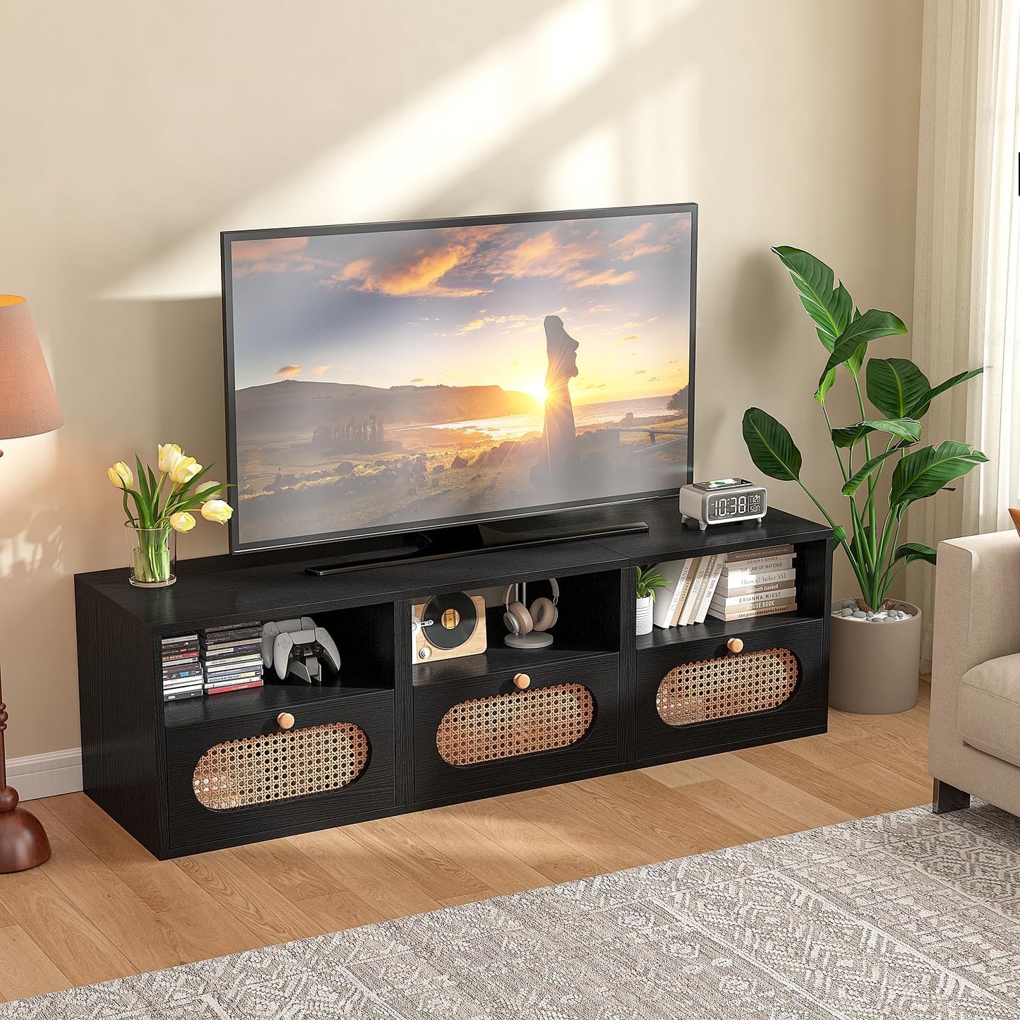 3-in-1 Modular TV Stand with Rattan Doors, DIY Media Console Boho Entertainment Center Modern TV Cabinet with Open Shelves,Black
