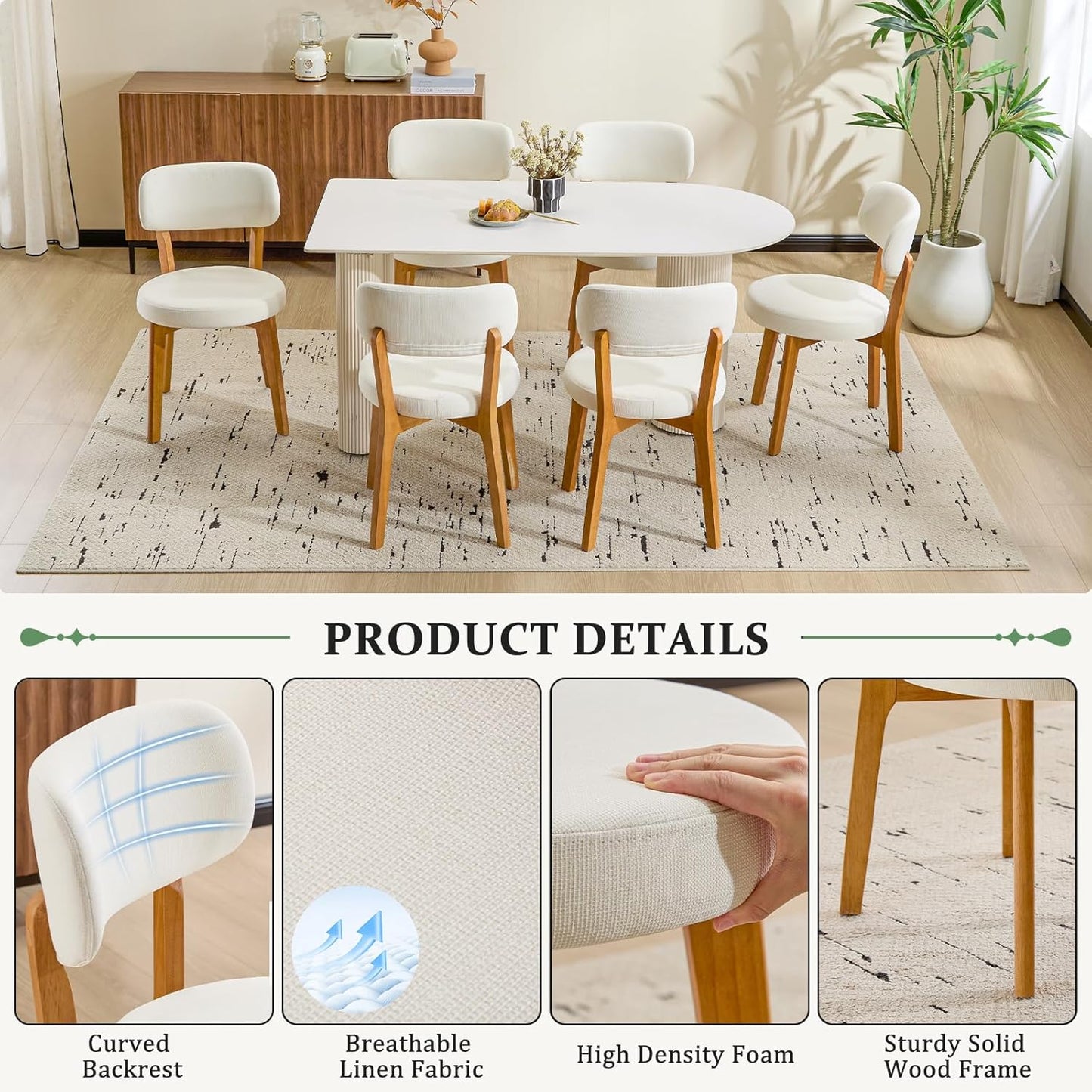 Furniliving Oak Wooden Dining Chairs Set of 4, Mid-Century Modern Linen Upholstered Kitchen Chair with Solid Wood, Farmhouse Dining Room Chairs, Beige