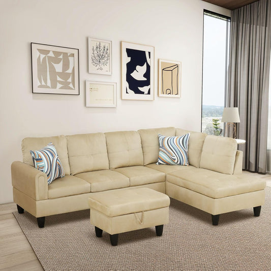Beige L-Shaped 3-Piece Flannel Sofa with Storage Ottoman Set, Sectional Couch Sofa Set for Living Room, Office, Small Space