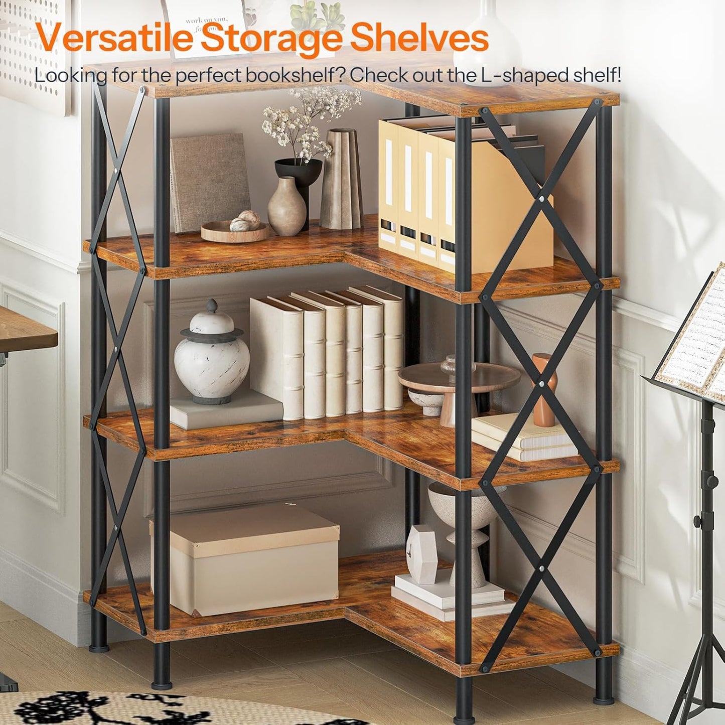 HOOBRO Corner Bookshelf, 4-Tier L-Shaped Bookcase, Industrial Open Display Shelf Tall Storage Organizer, Vertical Storage Rack, for Living Room, Home Office, Rustic Brown and Black BF59SJ01