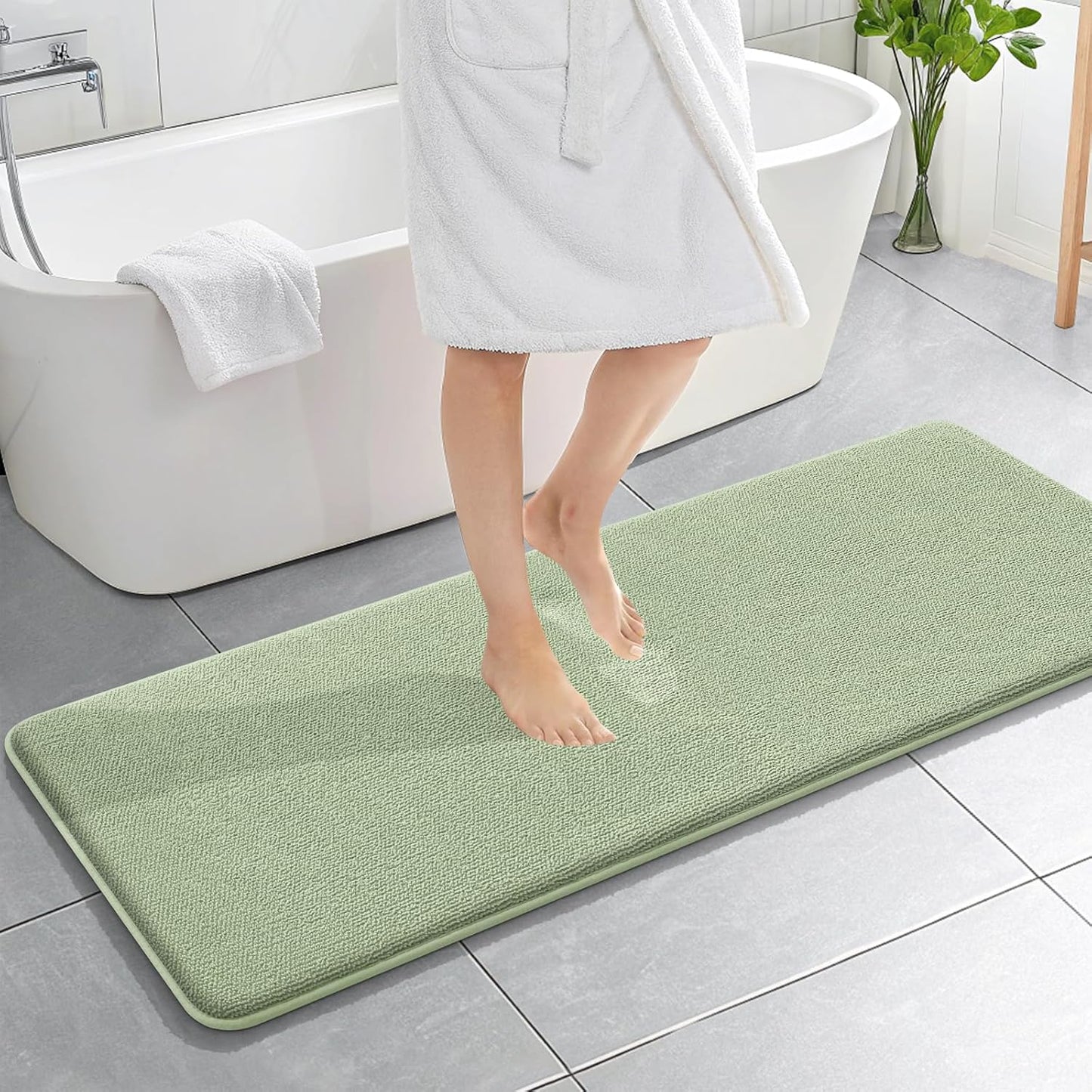 OLANLY Thick Memory Foam Bath Mat Rug 59x20, Extra Soft Absorbent Bathroom Rug, Quick Dry Bath Mats, Non-Slip, Machine Washable Carpet for Bathroom, Tub and Shower, Home Decor Accessories, Sage Green
