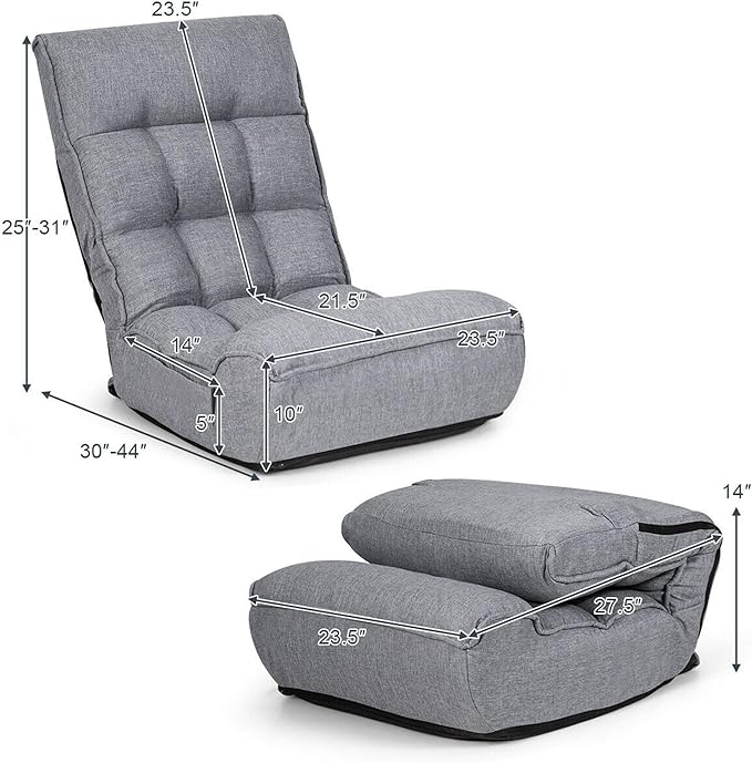 DORTALA Foldable Floor Chair for Adults, Memory Foam Floor Gaming Banana Chair w/ 5-Position Adjustable Head and Back Support for Bedroom, Living Room, Gaming Room, Grey